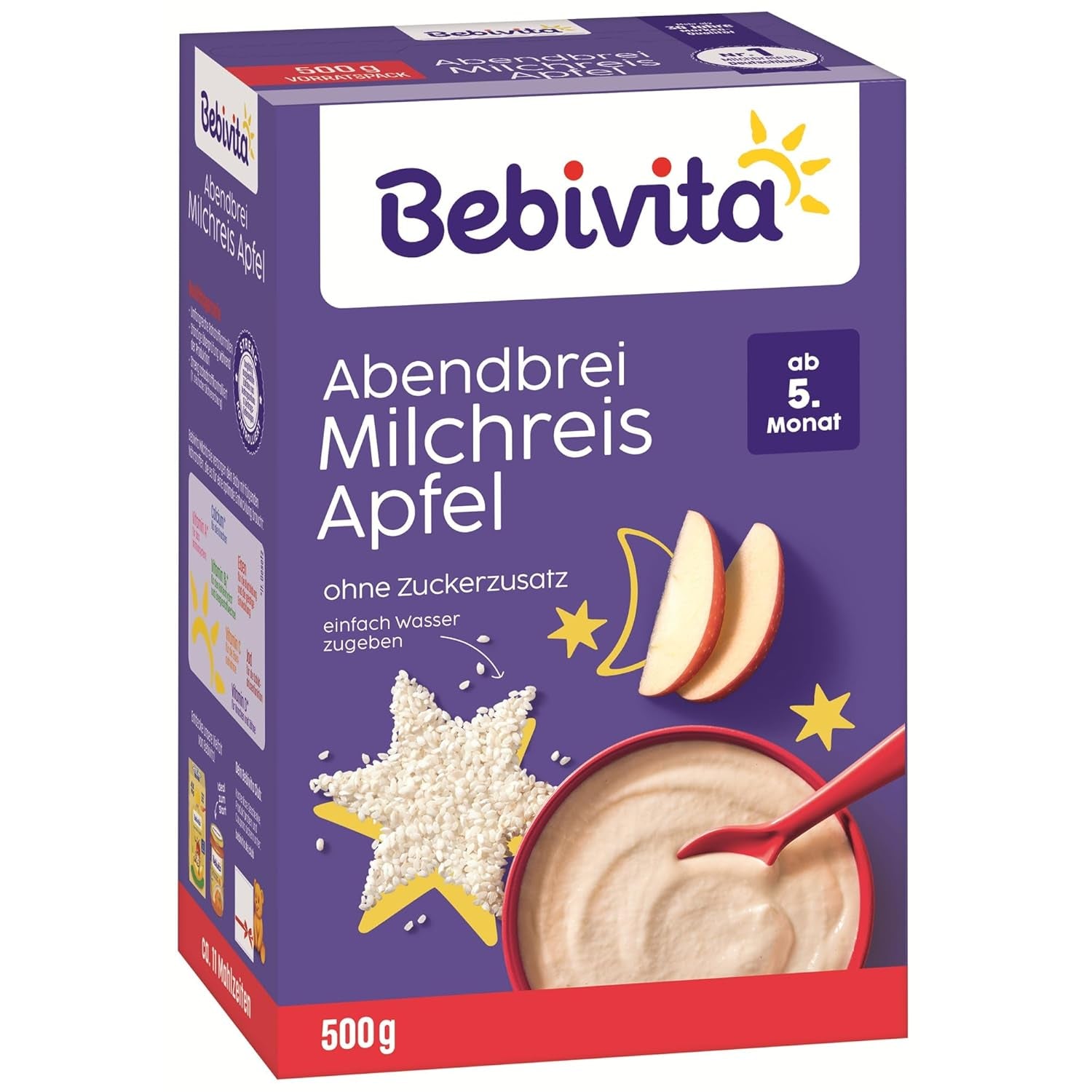 Budino di riso con mele e porridge serale (4x500g), porridge di latte di 5 mesi, con preziosi minerali e vitamine, senza zuccheri aggiunti, molto saziante