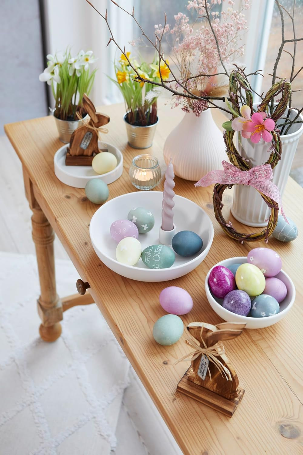 Set di coloranti naturali Heitmann Egg Dye, 3 polveri coloranti all'uovo (giallo, viola, grigio-blu), foglio di adesivi in ​​carta erba