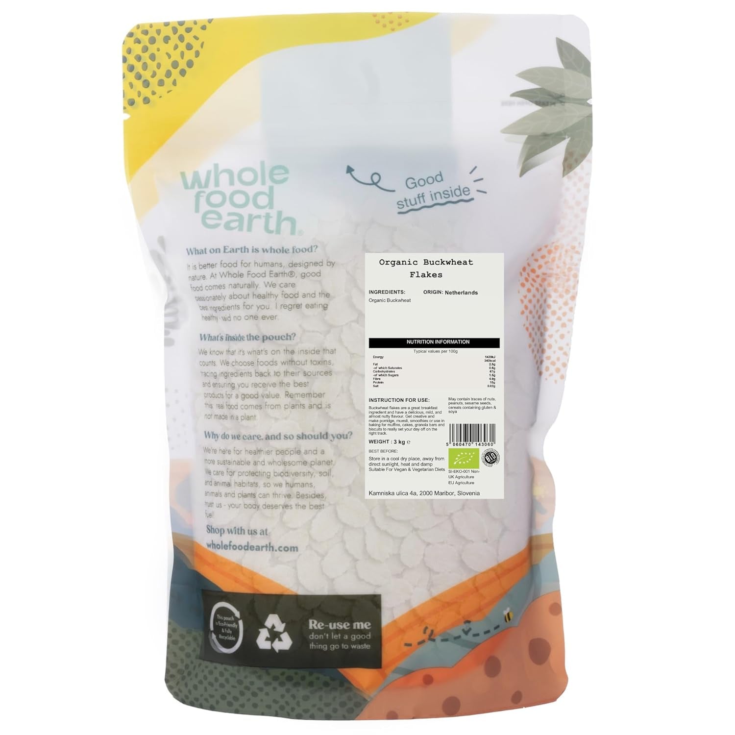 Fiocchi di Grano Saraceno Biologici Wholefood Earth – 3 kg | Grezzo | Non OGM | Vegano | Fonte di fibra | Certificato biologico