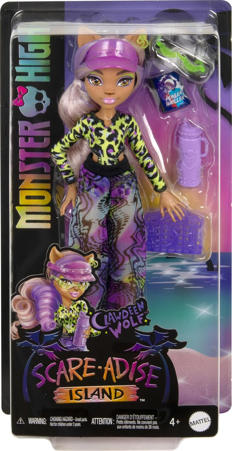 Monster High Scare Adise Island Clawdeen Wolf bambola con costume da bagno, pantaloni da jogging e accessori da spiaggia come visiera, borraccia e libro