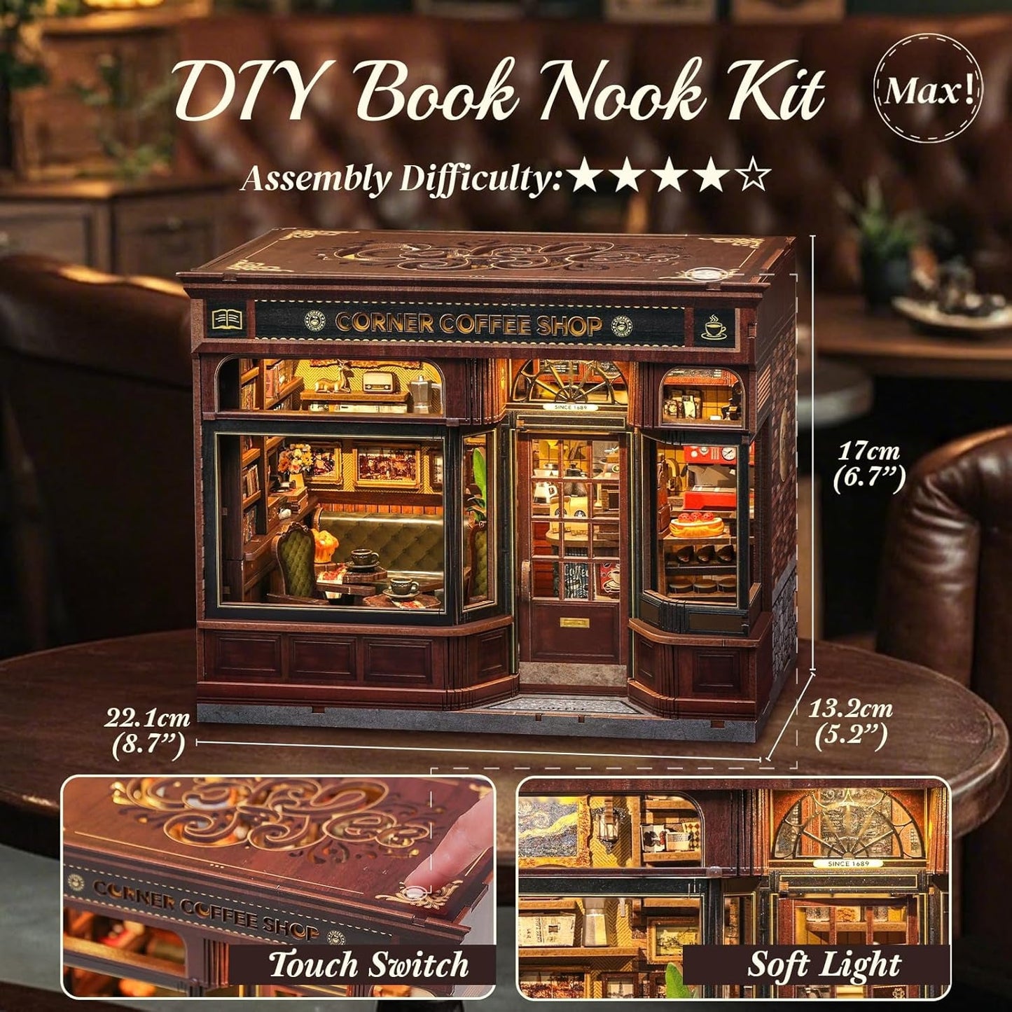 CUTEBEE Kit Angolo Libro - Case delle Bambole Fai-da-Te, Kit di Costruzione di Case in Miniatura Illuminate a LED per Adulti, Puzzle 3D in Legno e Supporto per Libri - Decorazione per Scaffale e Regalo (Corner Cafe)