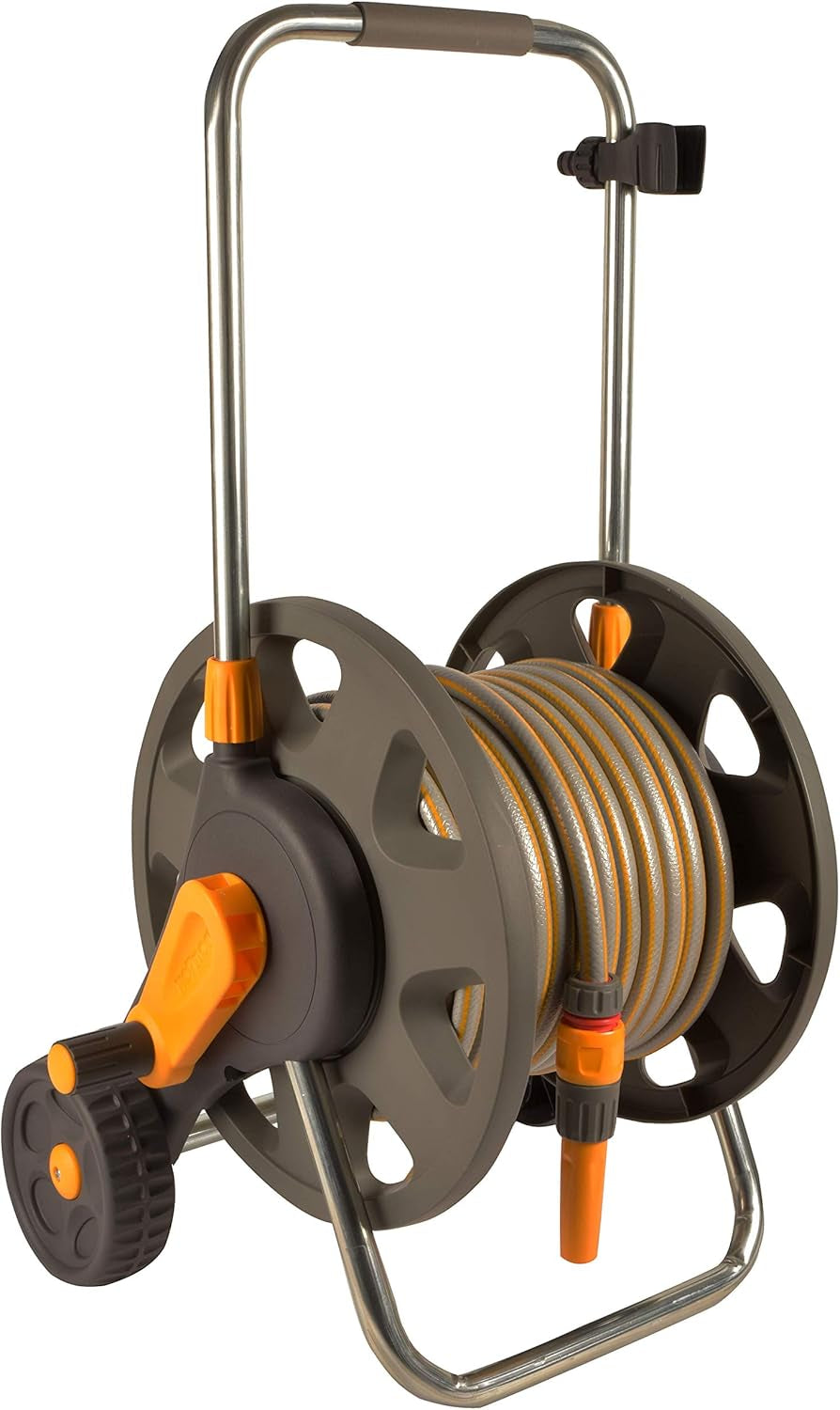 HOZELOCK - Avvolgitubo Plus 50 M (Ø 12,5 mm) assemblato: Portata max 60 m, stabile e robusto per uso generale, assemblato con tubo da 50 m, 1 ugello spruzzatore + connettori [2435R0000]