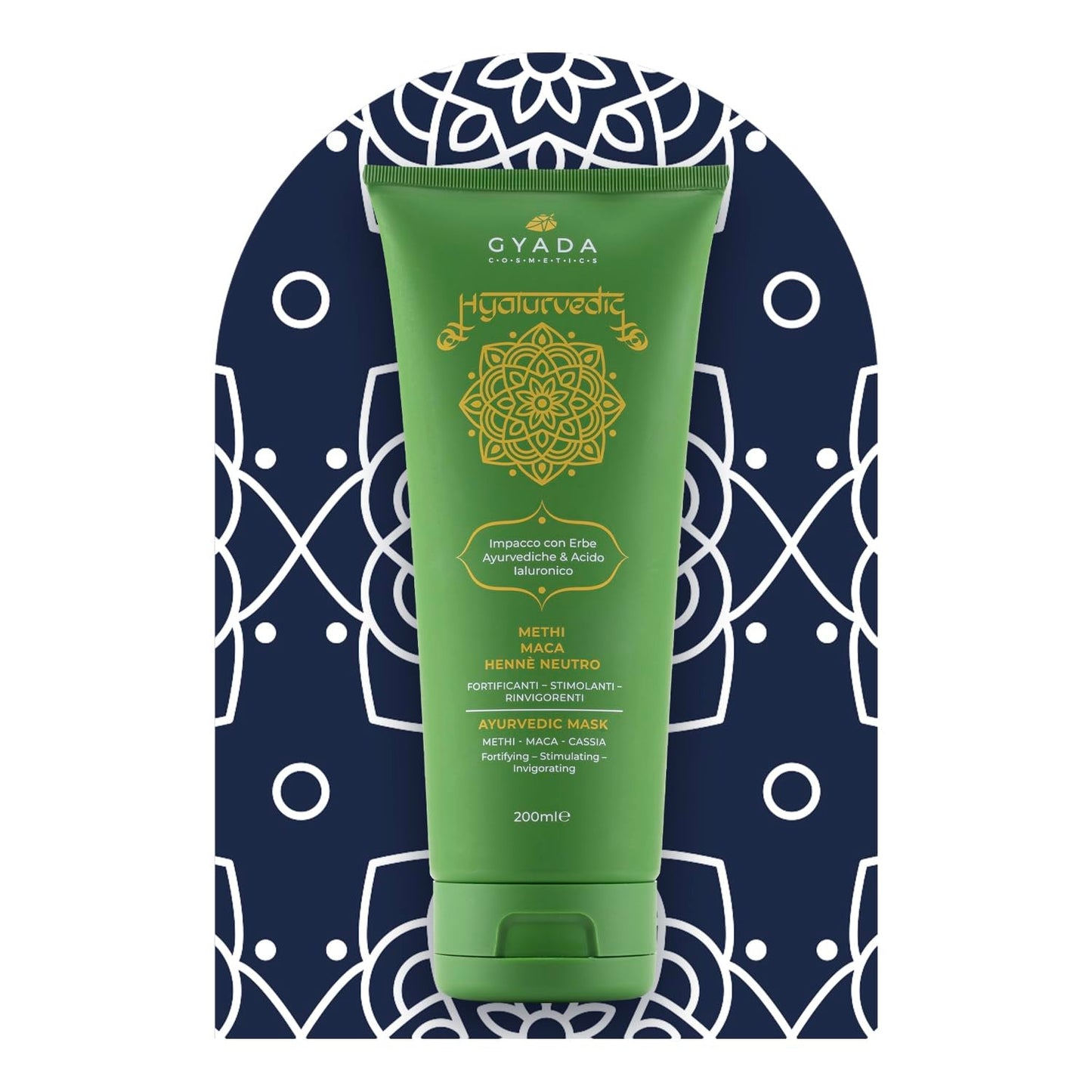 GYADA COSMETICS, Impacco Ayurvedico Rinforzante Ialurvedico, Trattamento Professionale per Capelli Fini e Deboli, Anticrespo con Methi, Maca, Henné Neutro, Maschera Capelli Naty Shop 200ml