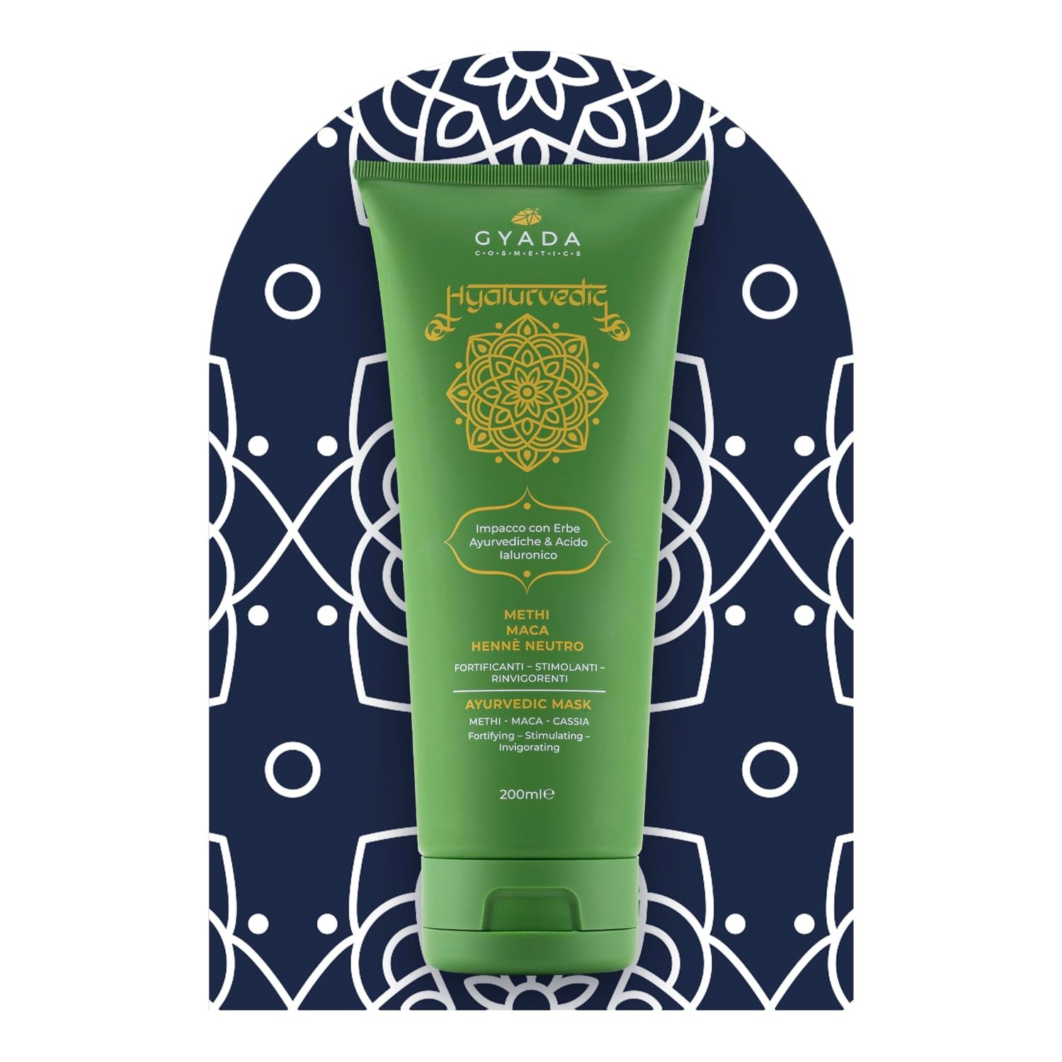 GYADA COSMETICS, Impacco Ayurvedico Rinforzante Ialurvedico, Trattamento Professionale per Capelli Fini e Deboli, Anticrespo con Methi, Maca, Henné Neutro, Maschera Capelli Naty Shop 200ml