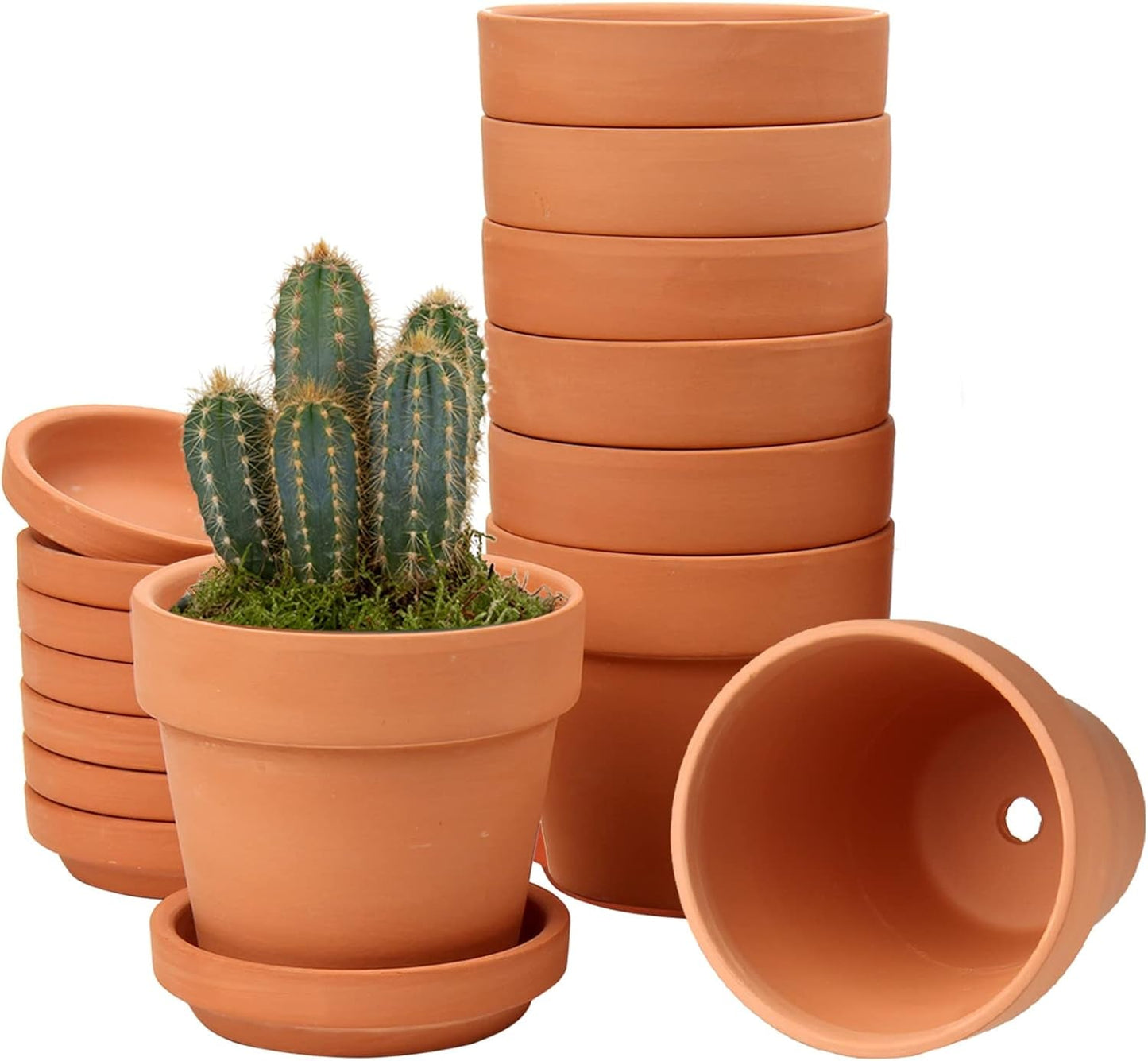 Hollyone Set di 8 fioriere piccole in terracotta, vasi rotondi in terracotta 8x8 cm con piatto e foro di drenaggio, fioriere piccole con vassoio, vasi per piante grasse in terracotta per piante da interno, fioriere in ceramica