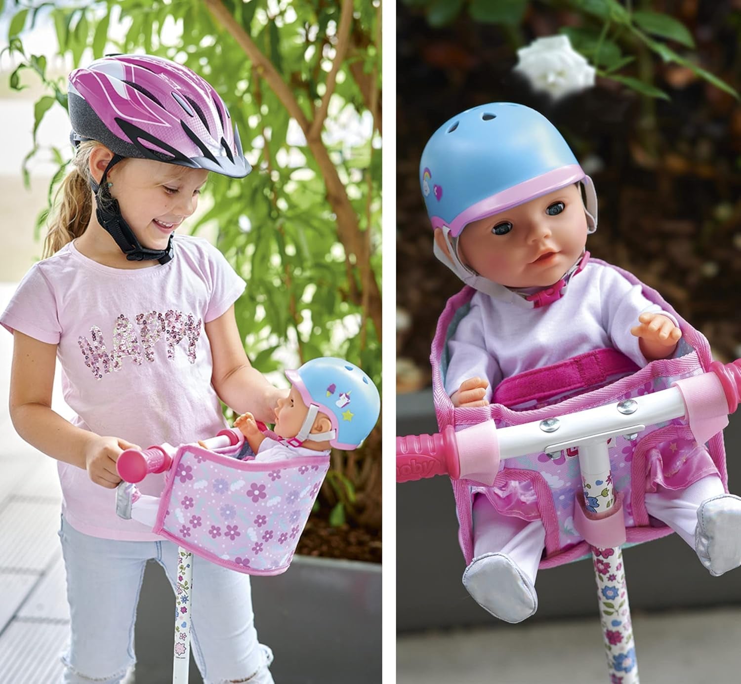 Simba 105560018 - Seggiolino da bici per neonati con cintura, accessorio per bambola, sedile in tessuto, cintura di sicurezza, manubrio in velcro, per bambole da 30-43 cm, dai 3 anni in su