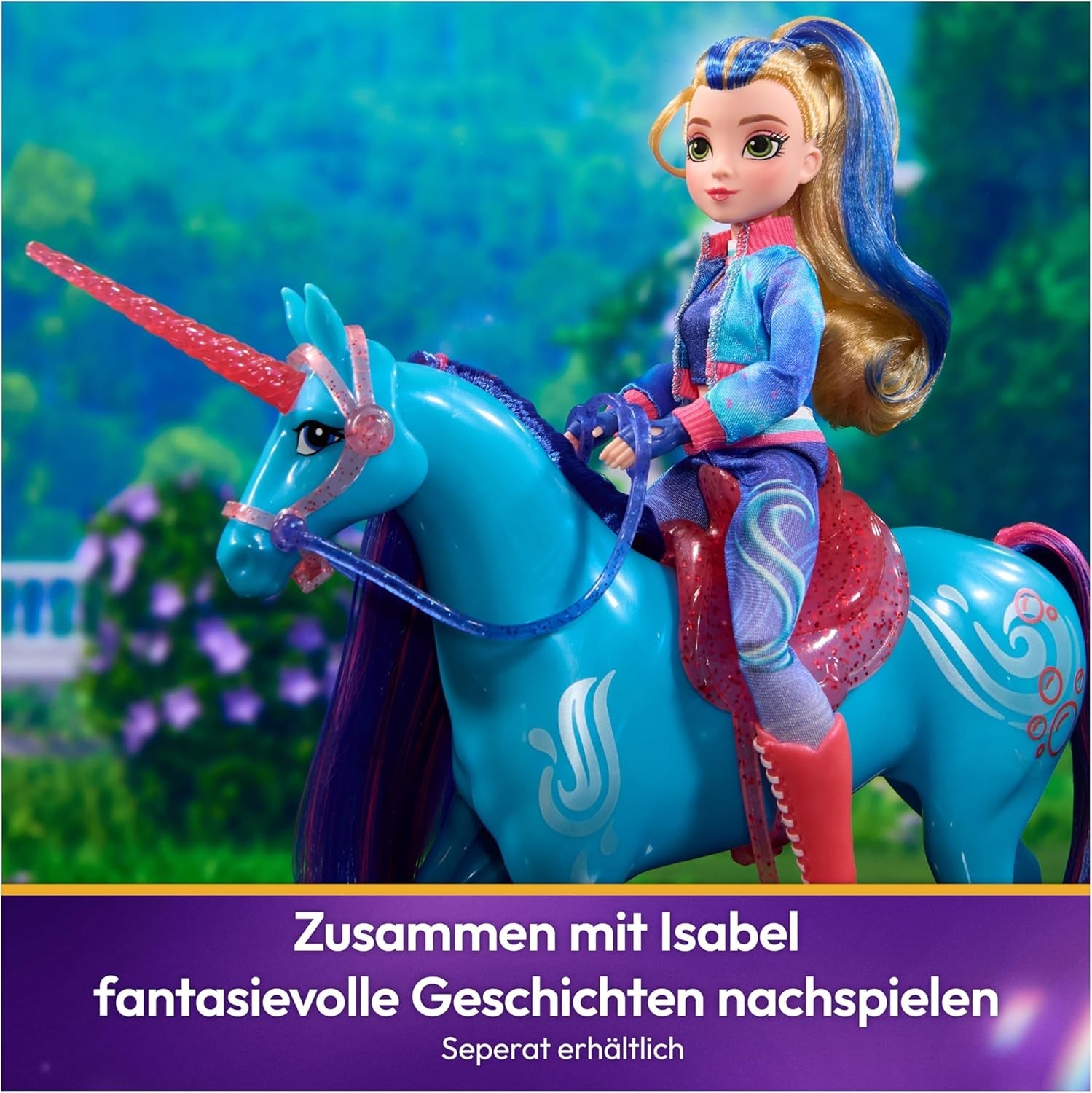 Unicorn River Unicorn Academy - Unicorno originale Isabel della serie Netflix alto 28 cm, con vera criniera e coda, briglie, sella e spazzola rimovibili, per bambini dai 4 anni in su