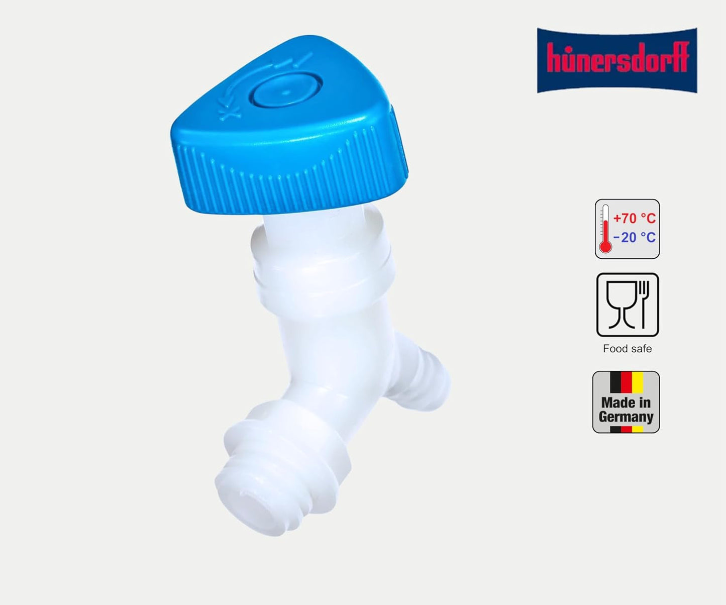 Hünersdorff | Valvola ad angolo | Coltara | Per contenitori con una larghezza della filettatura di 22 mm | Attacco tubo 13 mm o 1/2" | Naturale/blu