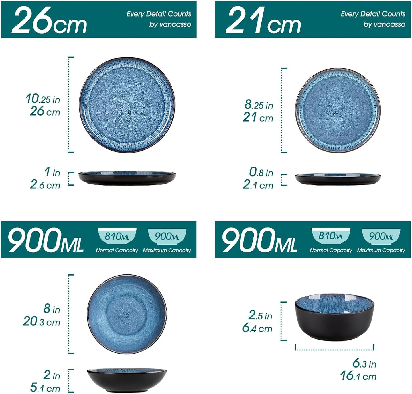 Servizio Piatti per 6 Persone Vancasso PLAYA Servizio Piatti in Porcellana 24 Pezzi per 6 Blu Compreso Piatti, Piatti Suma, Ciotole e Piatti Insalata Lavabili in Lavastoviglie e Utilizzabili nel Microonde