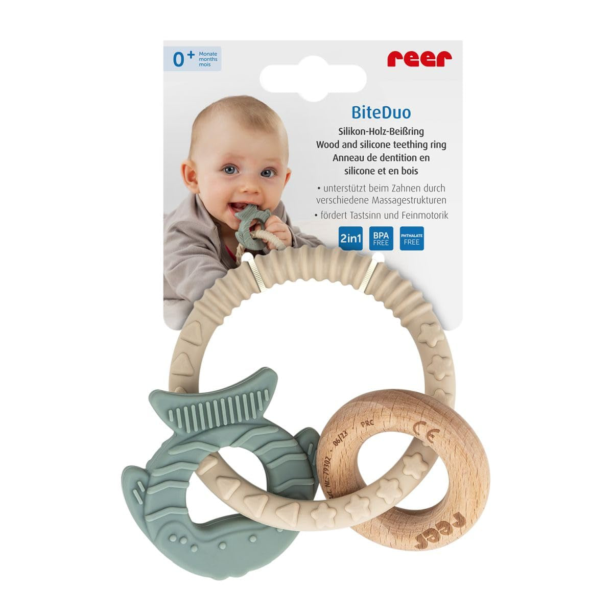 reer BiteDuo | Massaggiagengive in legno di silicone per bambini | Aiuto per la dentizione | Motorized toy