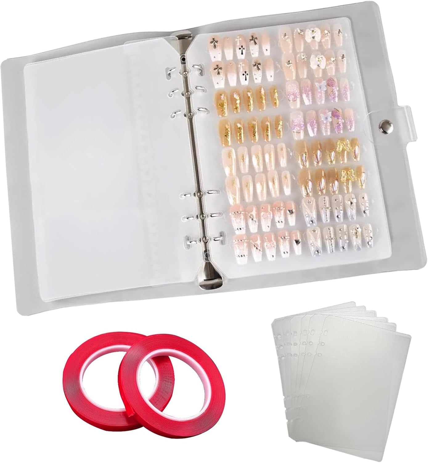 Set organizer per unghie A5 con chiusura con punti metallici e fogli rimovibili - Robusta scatola trasparente + 6 cuscinetti adesivi e libro per riporre unghie artificiali/adesive staccabile - Ideale per riporre e presentare