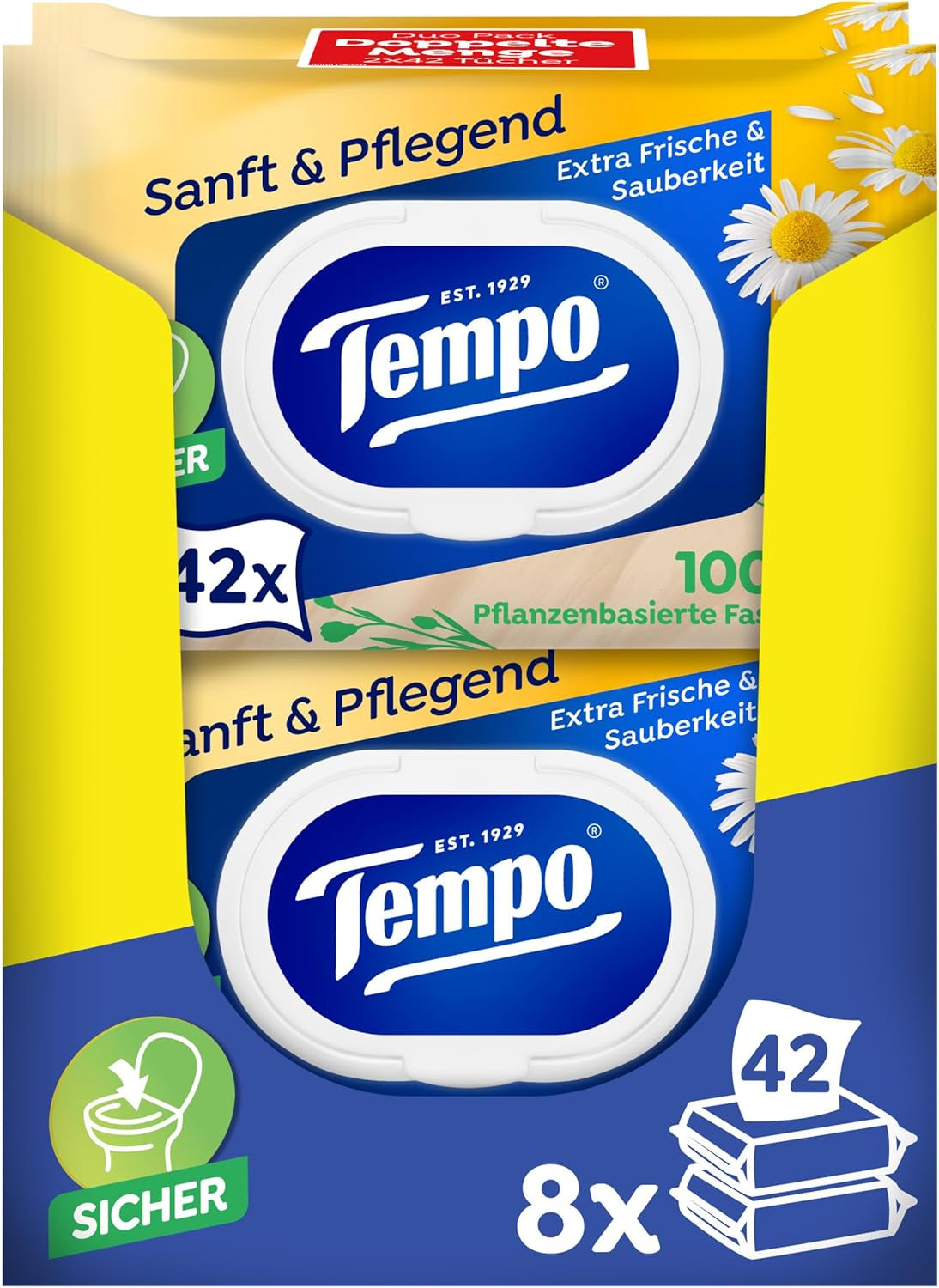 Salviette igieniche Tempo "Gentle & Caring" - Megapack - 16 confezioni da 42 salviette - Duo Packs - con camomilla naturale - carta igienica, dermatologicamente testate e neutre al Ph della pelle