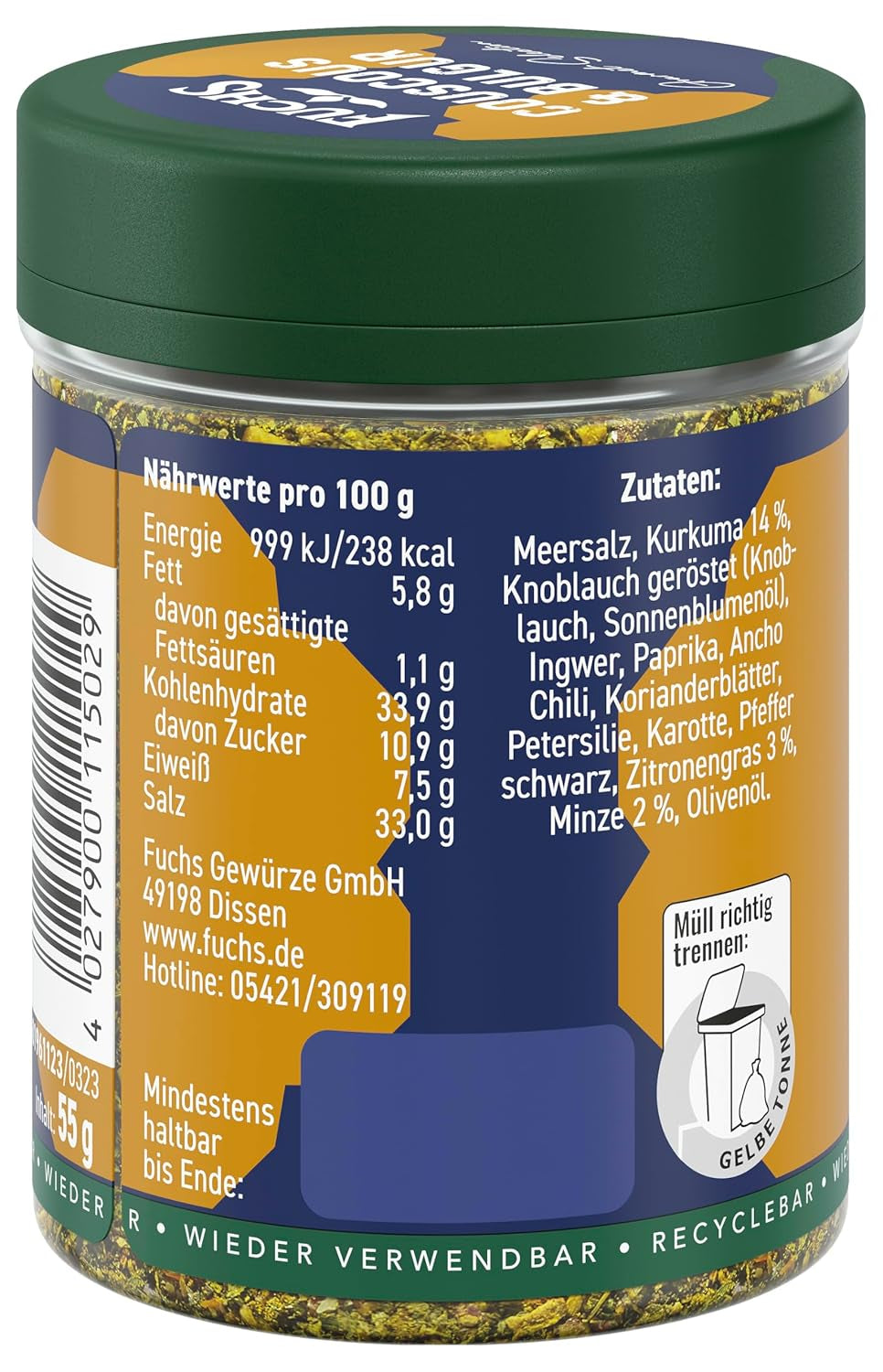 Fuchs Spices Gourmet Selection Medio Oriente/Africa - Miscela di spezie per couscous e bulgur Miscela di spezie ricaricabile per condire piatti vegani a base di bulgur 55g