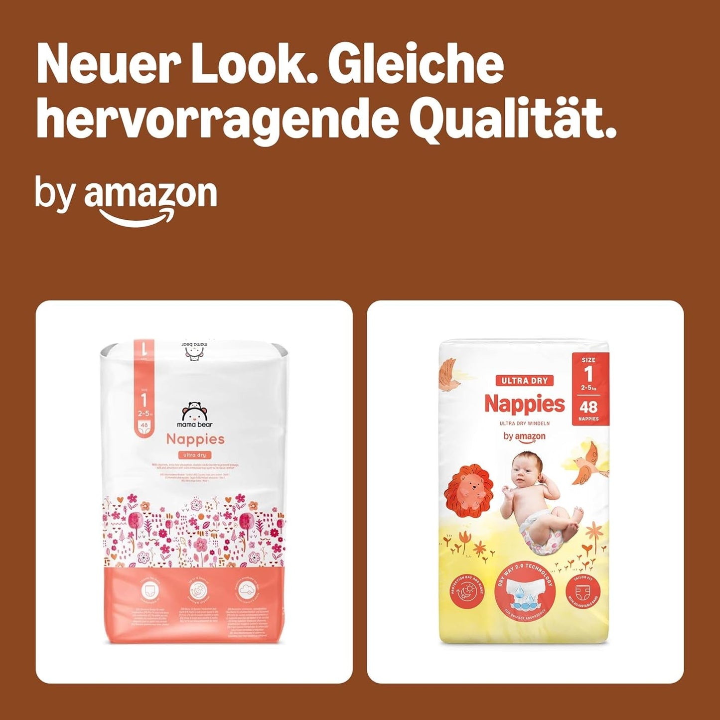 Pannolini Amazon Ultra Dry, taglia 1 (2-5 kg) - Scatola mensile, bianco, 96 pezzi (2 confezioni da 48) (ex marchio Mama Bear, prodotto identico)