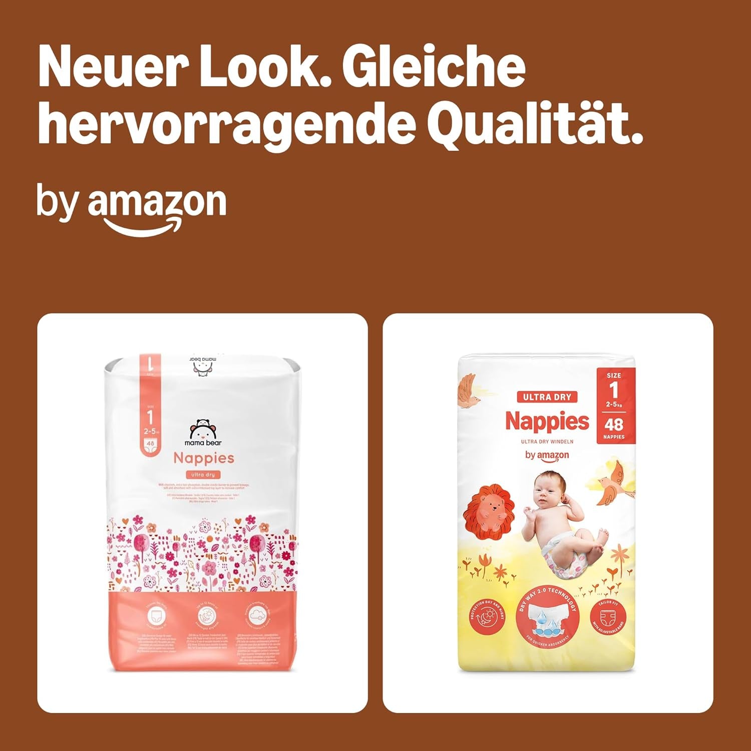 Pannolini Amazon Ultra Dry, taglia 1 (2-5 kg) - Scatola mensile, bianco, 96 pezzi (2 confezioni da 48) (ex marchio Mama Bear, prodotto identico)