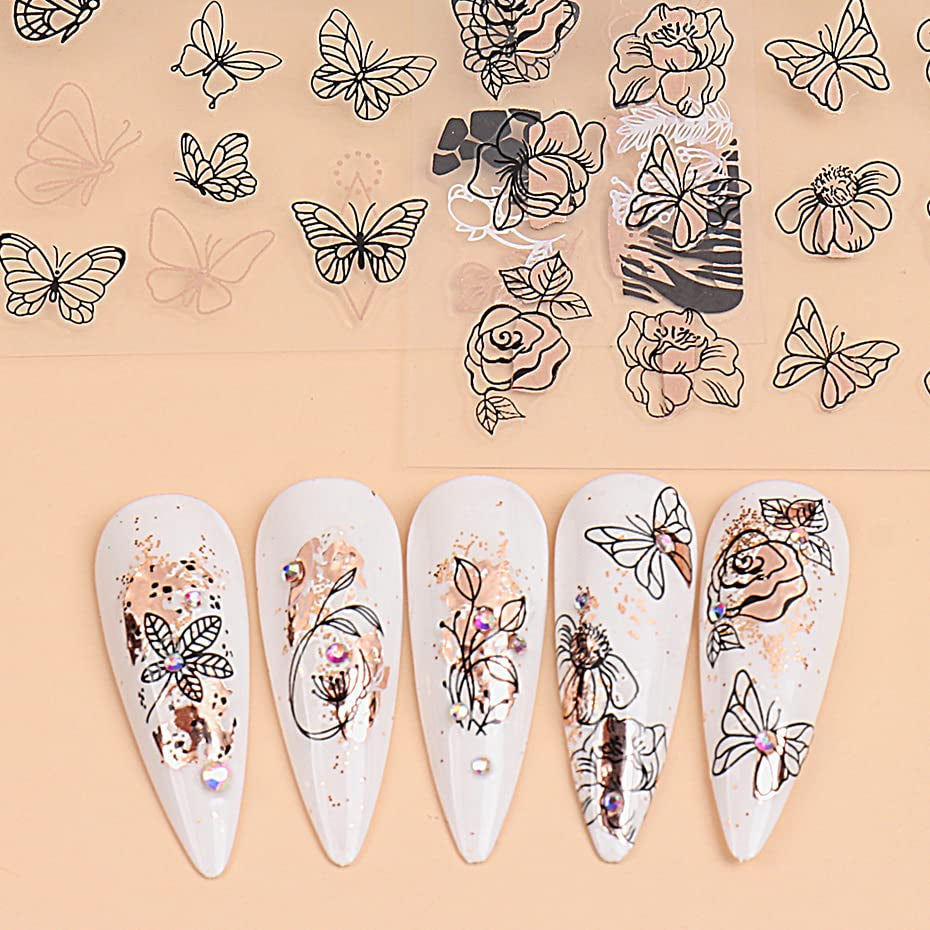 JMEOWIO Nagelsticker Rose Gold Schwarze Blume 12 Blatt Nail Art Sticker Selbstklebend Nagelaufkleber Frühlings Linie Abstract Blatt Dekoration Nageldesign Zubehör