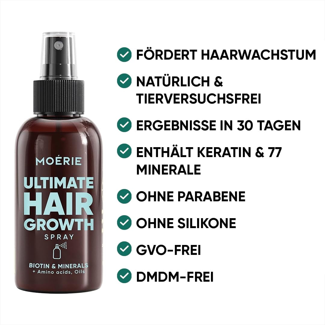 MOÉRIE Spray minerale definitivo per la crescita dei capelli, per capelli più lunghi, spessi e folti - con biotina e caffeina - Prodotti vegani per capelli, senza parabeni, tutti i tipi di capelli, inverte la caduta dei capelli - Fornitura per 2 mesi Cura dei capelli Naty Shop