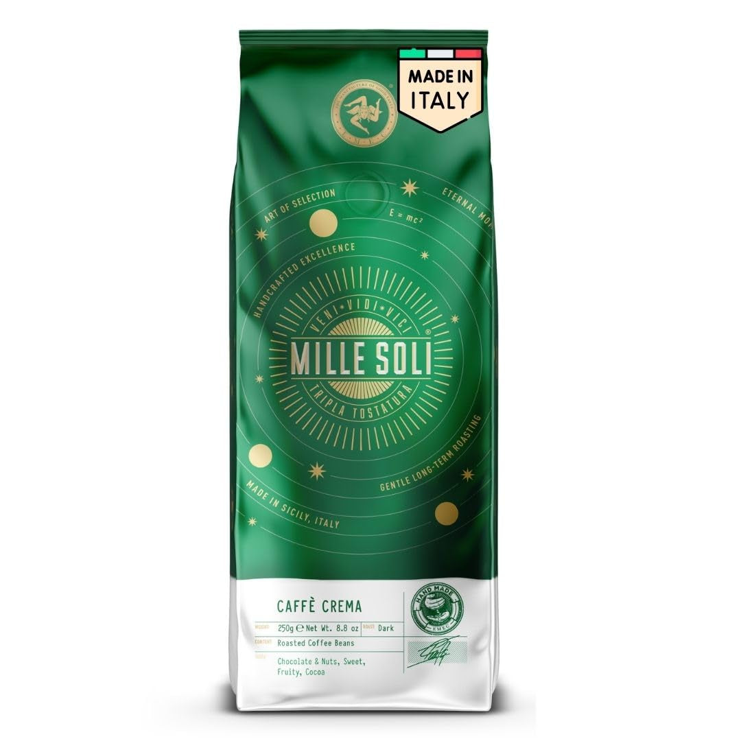 Caffè Crema - Chicchi di caffè tostati in Sicilia - Tradizionale processo di tostatura lunga con crema perfetta, sacchetto da 250 g, acidità bassissima per macchine completamente automatiche e portafiltro