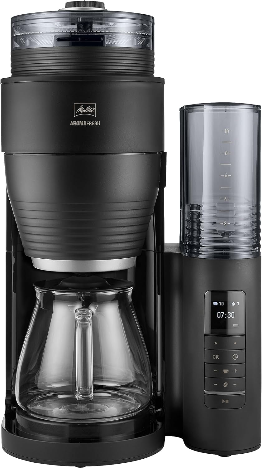 Melitta AromaFresh Therm Pro X - Macchina per caffè espresso con filtro, macinacaffè integrato, serbatoio dell'acqua rimovibile, caraffa termica in acciaio inossidabile e funzione timer, per un massimo di 8 tazze di caffè, nero/argento