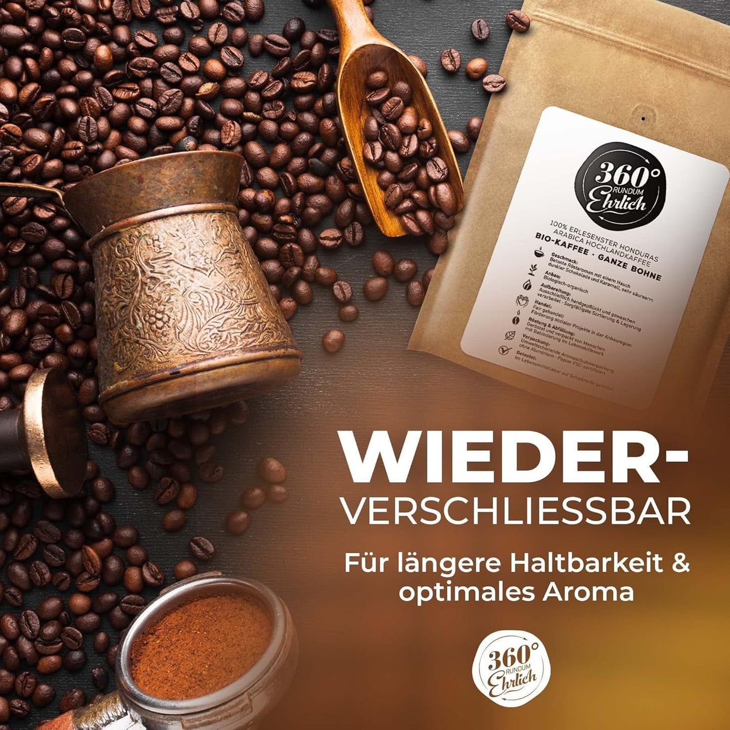 Premium Bio Kaffeebohnen 1000g, 100% Honduras Hochland Arabica Kaffeebohnen Bio - Köstlich, Mild, säurearm - Bio Kaffee ganze Bohnen - Ideal als Kaffeebohnen Vollaautomat - 360° Rundum Ehrlich