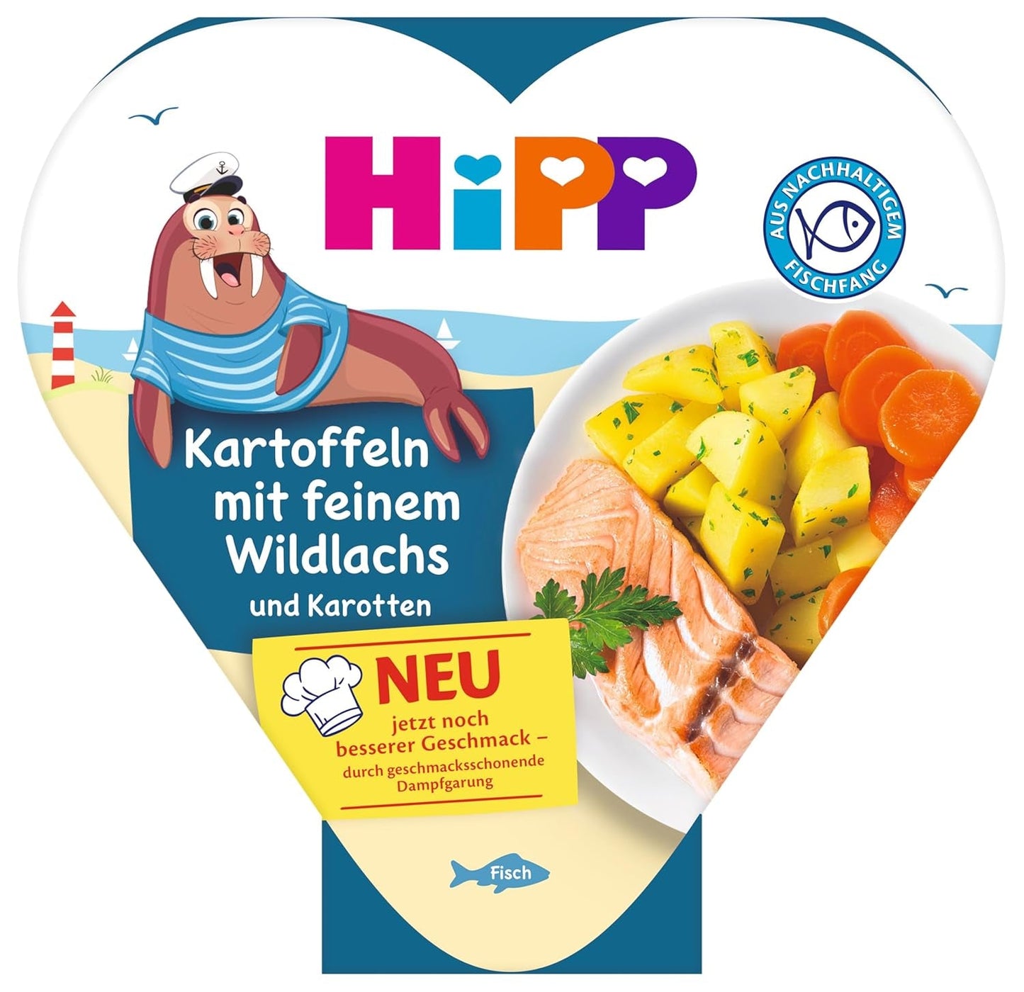 Patate HiPP con pregiato salmone selvatico e carote (6x250g), da 1 anno, leggermente cotte al vapore, condite per bambini, da pesca sostenibile