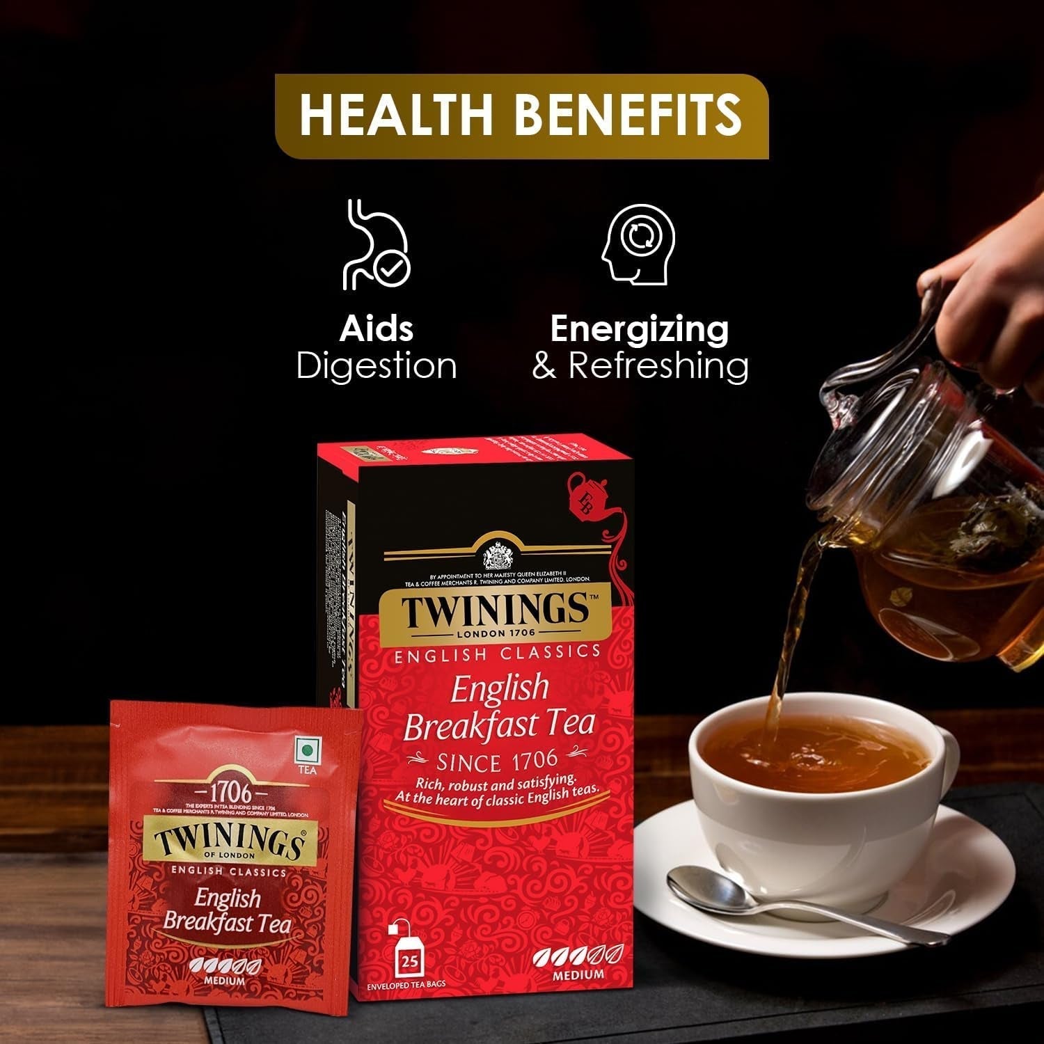Twinings English Breakfast Black Tea 50g, 25 bustine di tè, tè nero pieno, rotondo e forte proveniente dalle migliori piantagioni di tè dello Sri Lanka e dell'India. Tè nero Confezione da 1 (1 x 50 g)