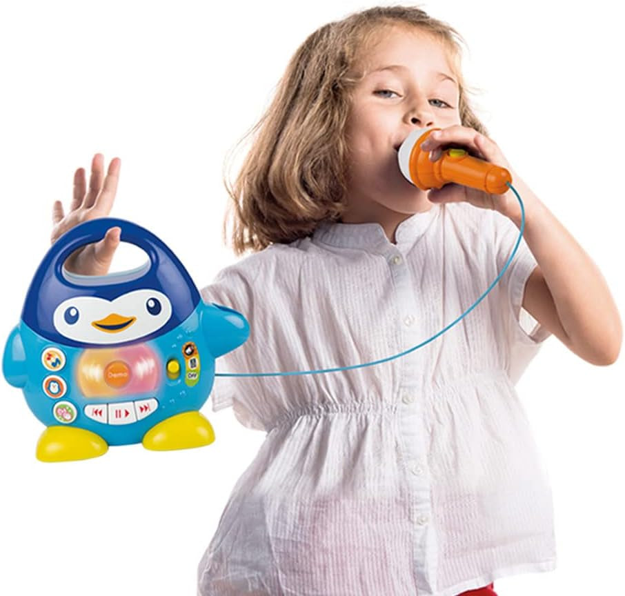 Lettore musicale karaoke WinFun, design pinguino, con luci lampeggianti ed effetti eco, in blu, stile giocoso, connessione USB Baby Toys Naty Shop