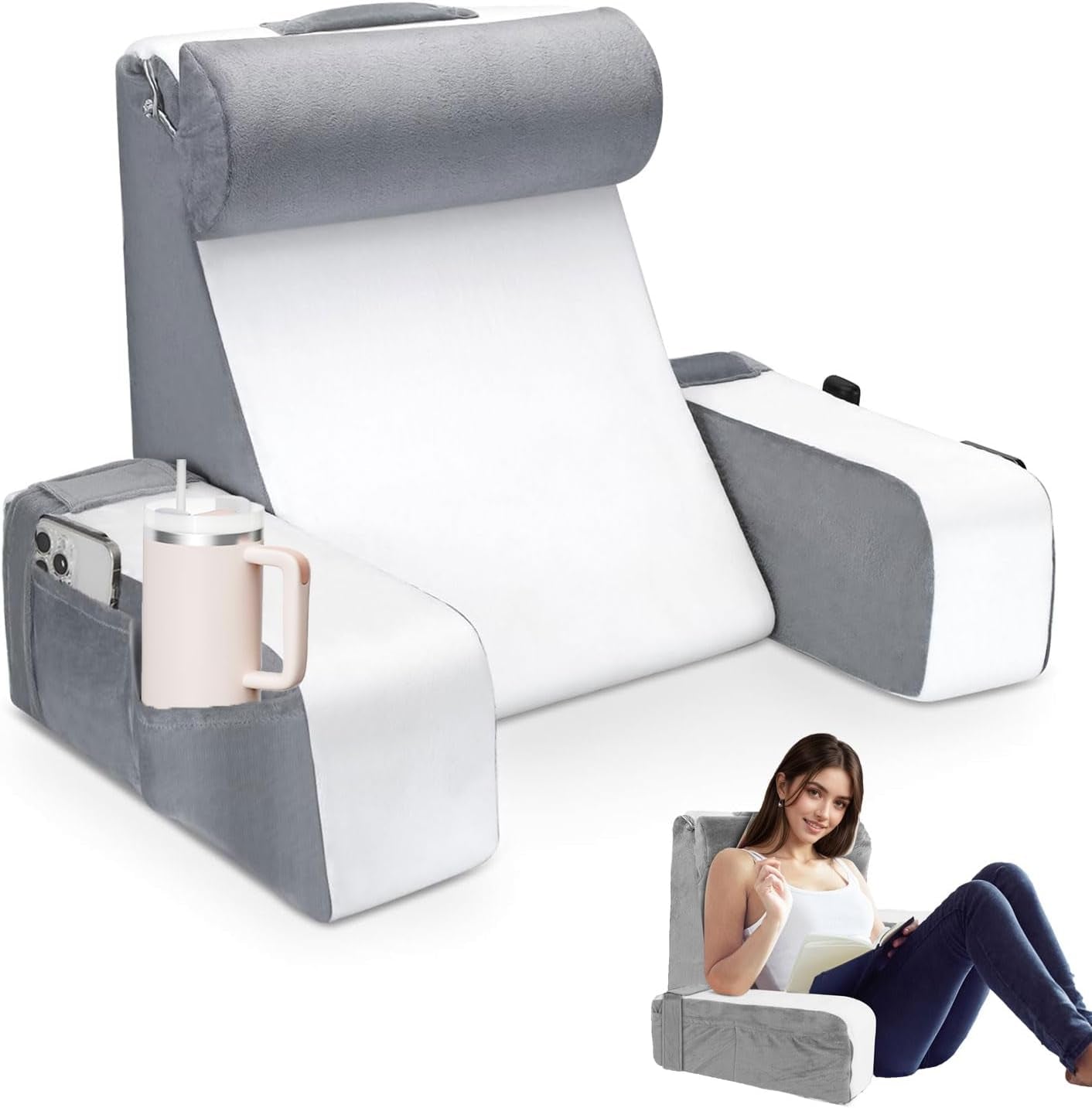 Cuscino da lettura grande per letto e divano, cuscino per la schiena per adulti con supporto per il collo e braccioli, cuscino per schienale ergonomico con tasca e fodera lavabile per riposare, leggere, guardare la TV (WH)