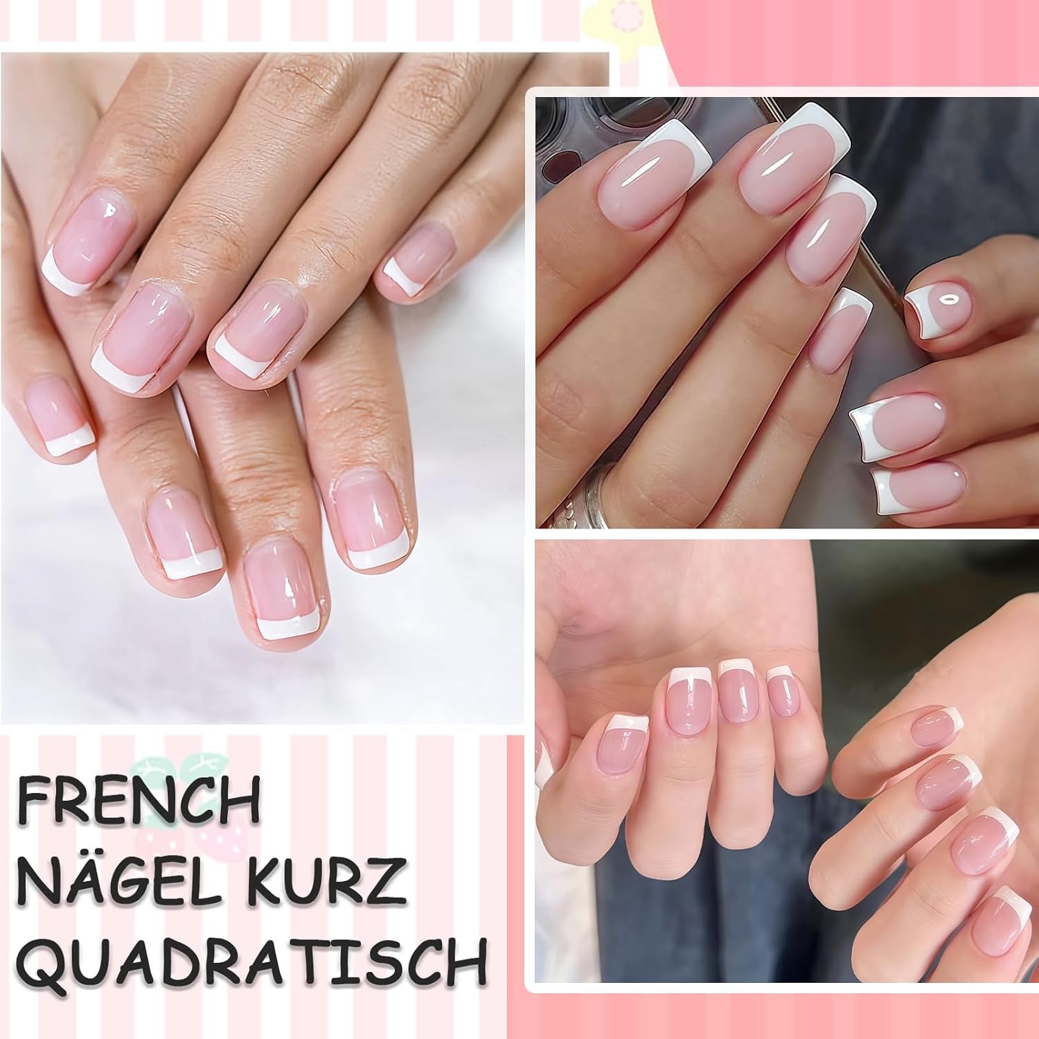 Unghie French Autoadesive Rosa Chiaro - 32 Pezzi Colla per Unghie French - Unghie Finte Corte Quadrate - Colla Traspirante su Unghie Artificiali - Unghie Finte a Copertura Completa per Donne (Rosa Chiaro)