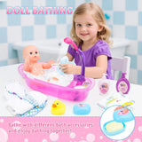 deAO Set vasca da bagno per bambole, bambola interattiva da 33 cm, vasca da bagno per bambole, set da gioco per bambole con ciuccio, vestiti per bambole, accappatoio, pannolini per bambole, vasca da bagno e spray doccia funzionale