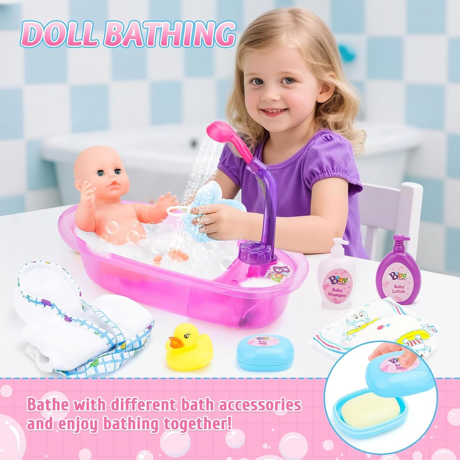 deAO Set vasca da bagno per bambole, bambola interattiva da 33 cm, vasca da bagno per bambole, set da gioco per bambole con ciuccio, vestiti per bambole, accappatoio, pannolini per bambole, vasca da bagno e spray doccia funzionale