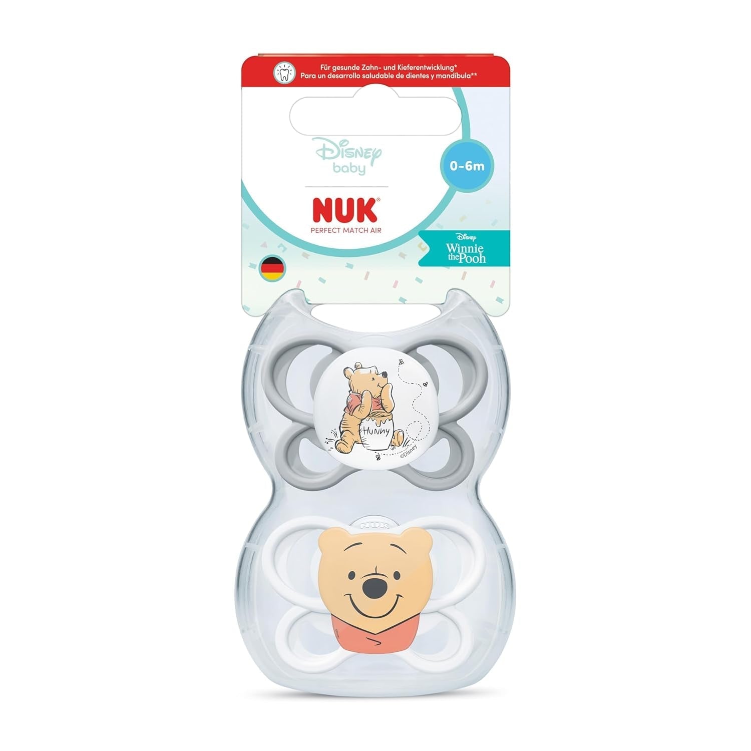 Ciucci NUK Perfect Match per neonati | 0-6 mesi | Ciucci ortodontici che favoriscono la circolazione dell'aria e prevengono le eruzioni cutanee causate dalla saliva | 95% di accettazione da parte dei bambini** | Disney Winnie the Pooh | Confezione da 2
