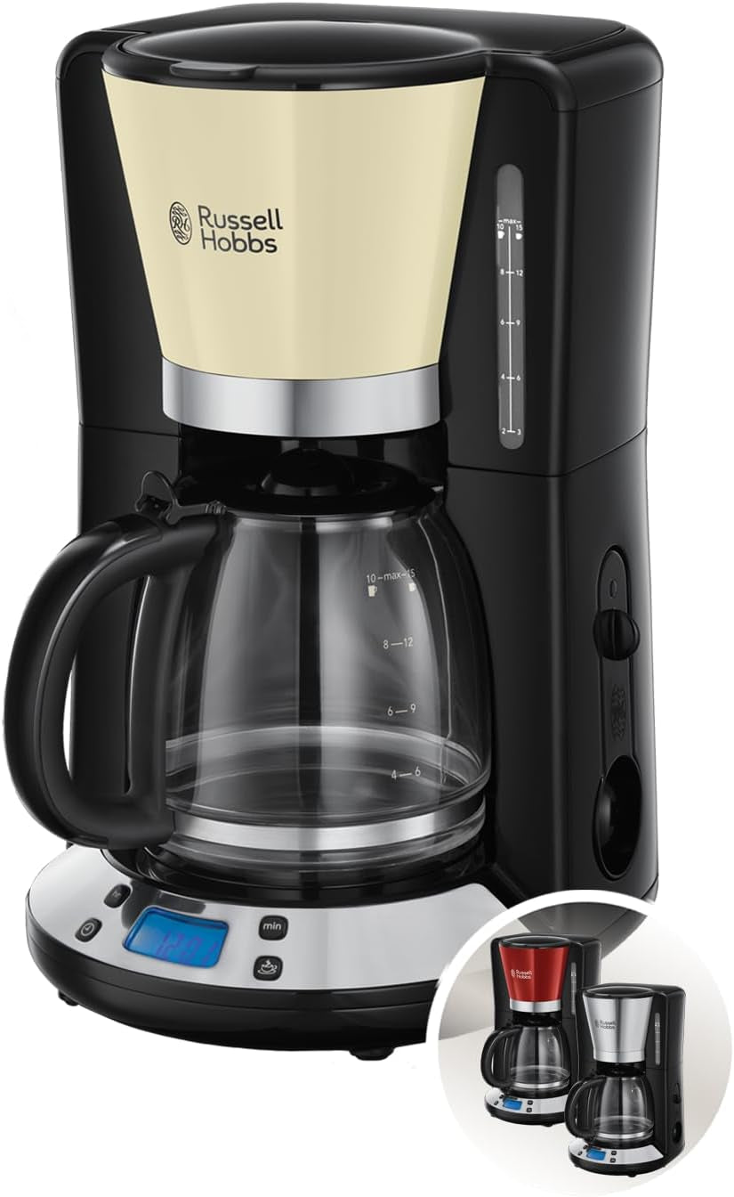 Caffettiera Russell Hobbs [Timer digitale, soffione doccia per estrazione e aroma ottimali] Colors+ Creme (da 1 a 10 tazze, caraffa in vetro da 1,25 litri, piastra riscaldante, 1100 W) Caffettiera con filtro 24033-56