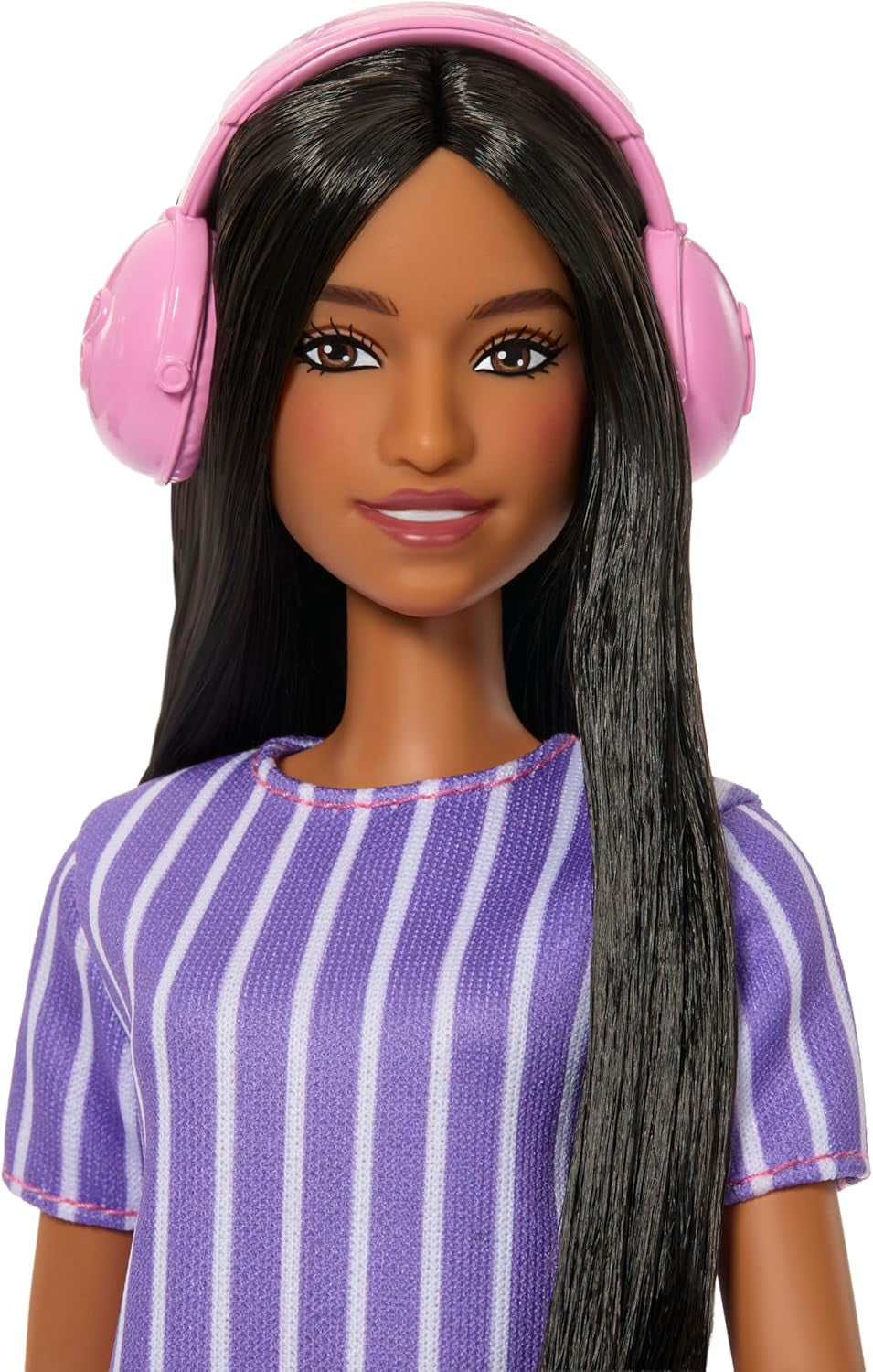 Bambola Barbie Fashionistas n. 245, bambola autistica con vestito a righe viola e accessori come fidget spinner, tablet e cuffie, JJN58