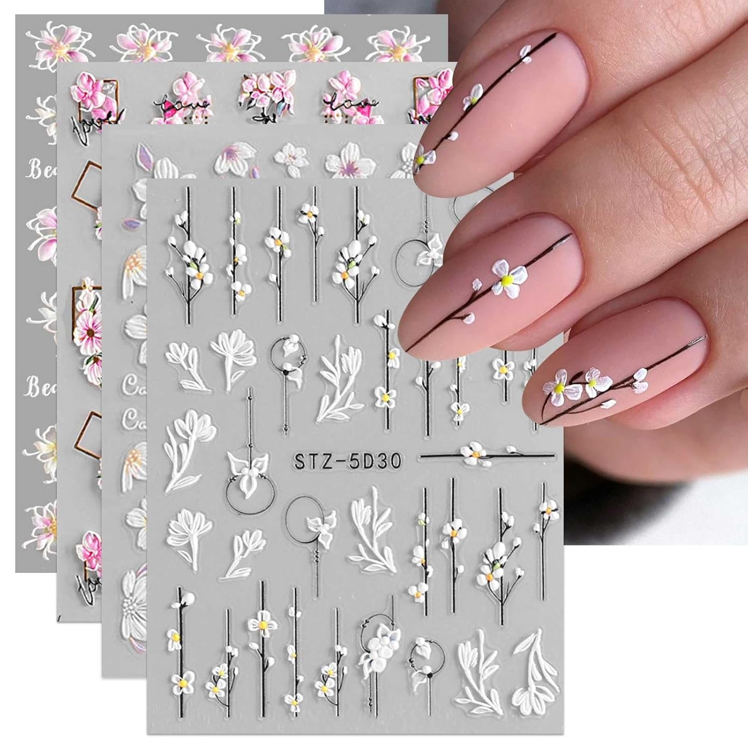 JMEOWIO 3D Nagelsticker Frühling Blume Nail Art Sticker Selbstklebend Nagelaufkleber 5D Stereoscopic Blumen Dekoration Nageldesign Zubehör 4 Blatt