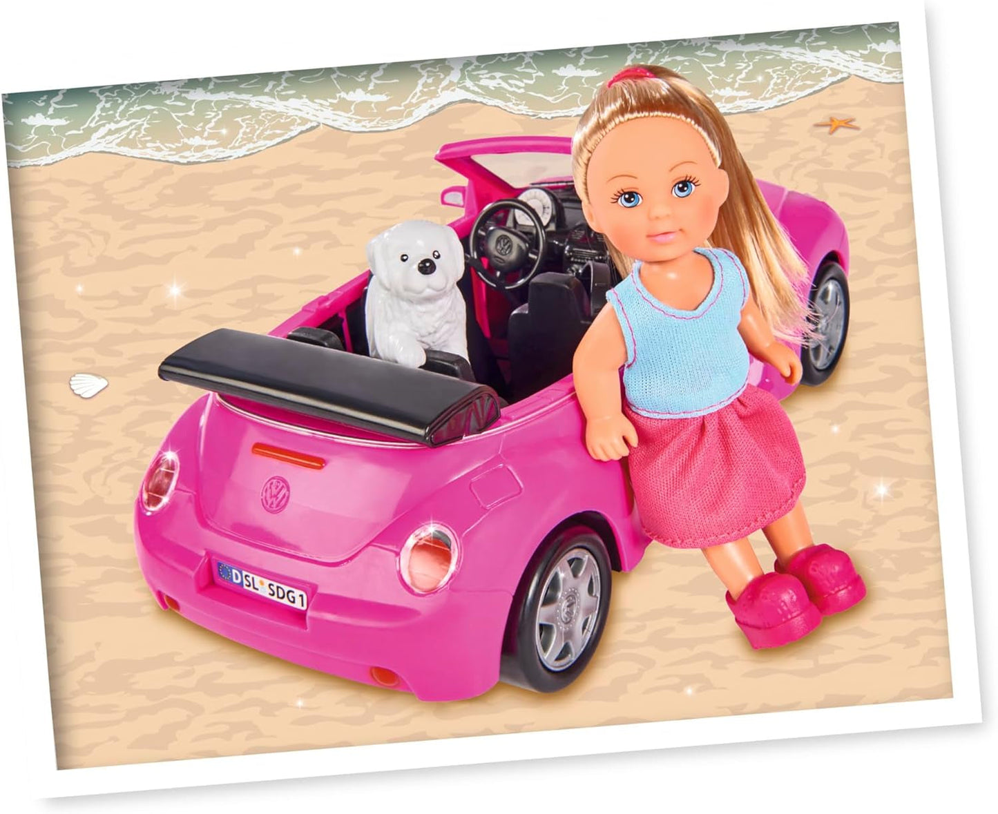 Simba 105731539 - Evi Love Beetle Evi's, Evi con macchina, macchina: 22 cm, con cane, bambola fashion, 12 cm, per bambini dai 3 anni in su