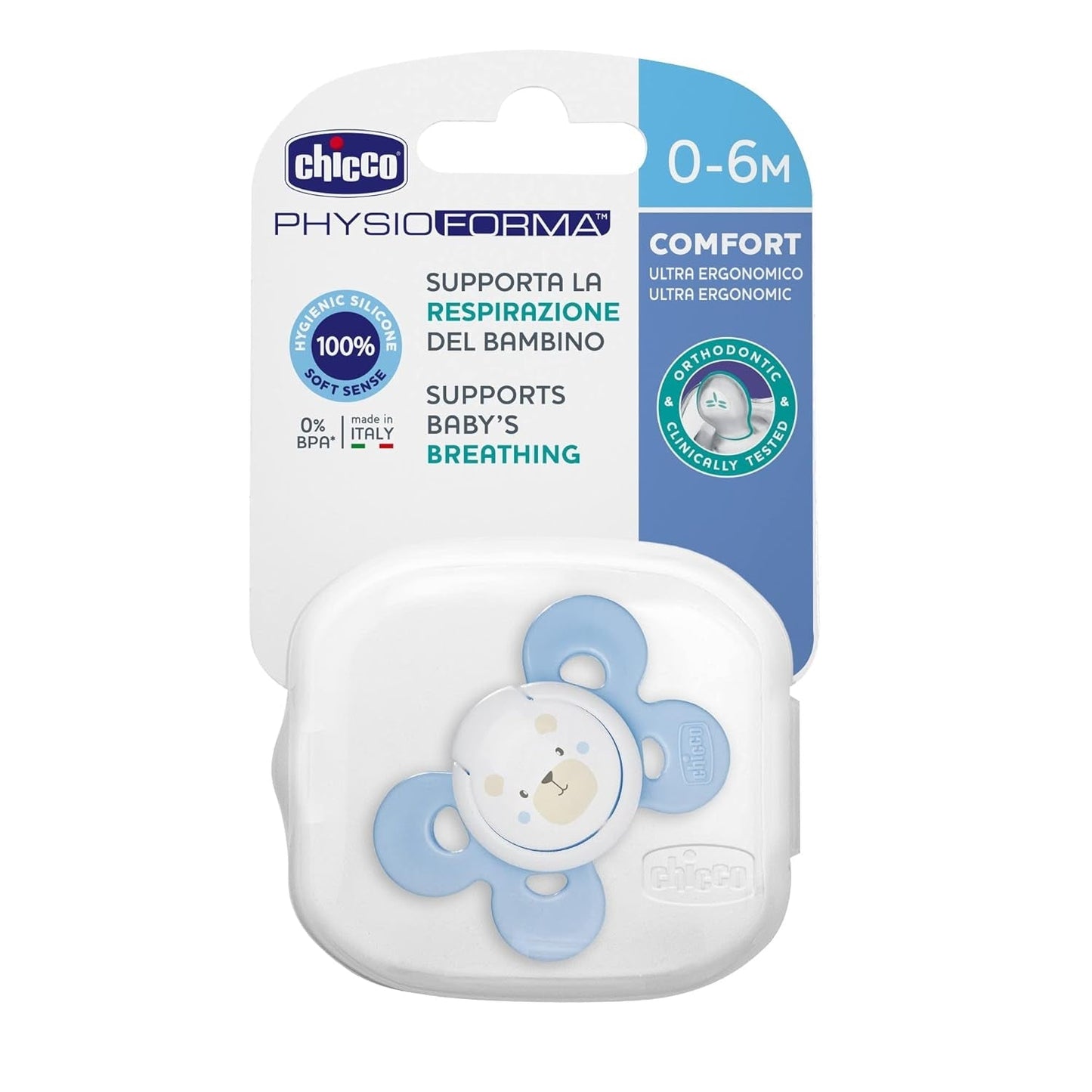 Ciuccio Chicco PhysioForma Comfort 16-36 Mesi, Ciuccio per Neonati con Tettarella in Silicone, 1 Pezzo, Supporta la Respirazione Fisiologica e il Corretto Sviluppo Orale, Blu