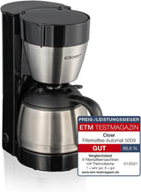 Cloer 5009 Caffettiera con filtro Keep Warm per un massimo di 8 tazze 800 W con caraffa isolata in acciaio inossidabile 1x4 tazza con filtro nera