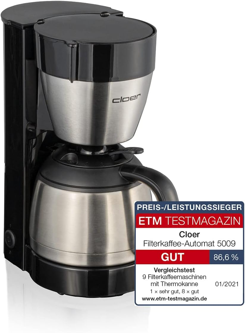 Cloer 5009 Caffettiera con filtro Keep Warm per un massimo di 8 tazze 800 W con caraffa isolata in acciaio inossidabile 1x4 tazza con filtro nera