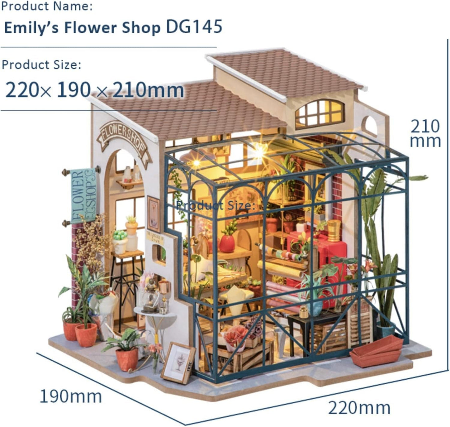Robotime DG145 Rolife Emily's Flower Shop Casa delle bambole in miniatura Realizzata in legno, metallo, tessuto e cartone, Dimensioni: 22 X 15 X 17 cm, Case delle bambole Naty Shop