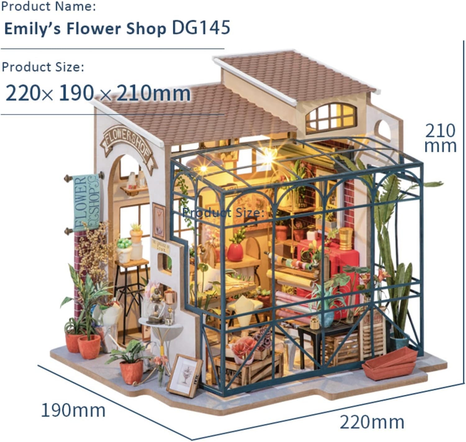 Robotime DG145 Rolife Emily's Flower Shop Casa delle bambole in miniatura Realizzata in legno, metallo, tessuto e cartone, Dimensioni: 22 X 15 X 17 cm, Case delle bambole Naty Shop