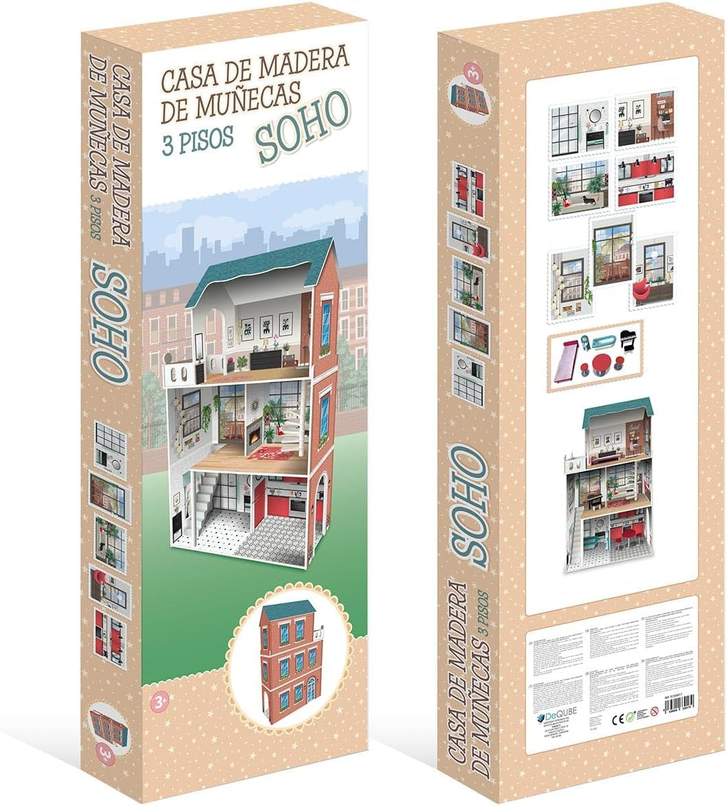 Casa delle bambole di design Soho-Madera a 3 piani con 8 mobili, dimensioni 120 x 33 x 75 cm (913D00181)