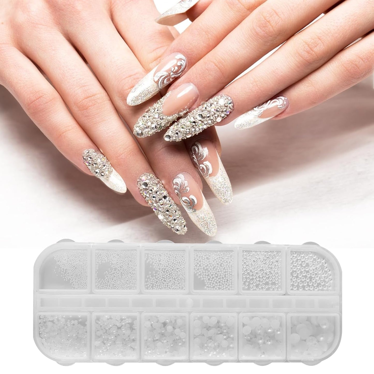 Nail Art Strasssteine ​​​​1 Schachtel, Nail Charms, 12 Typen Weiße Perlen Für Nägel, Flatback Strass, Klein Edelstahl-Perlen, Nagel Deko, Nagel Zubehör