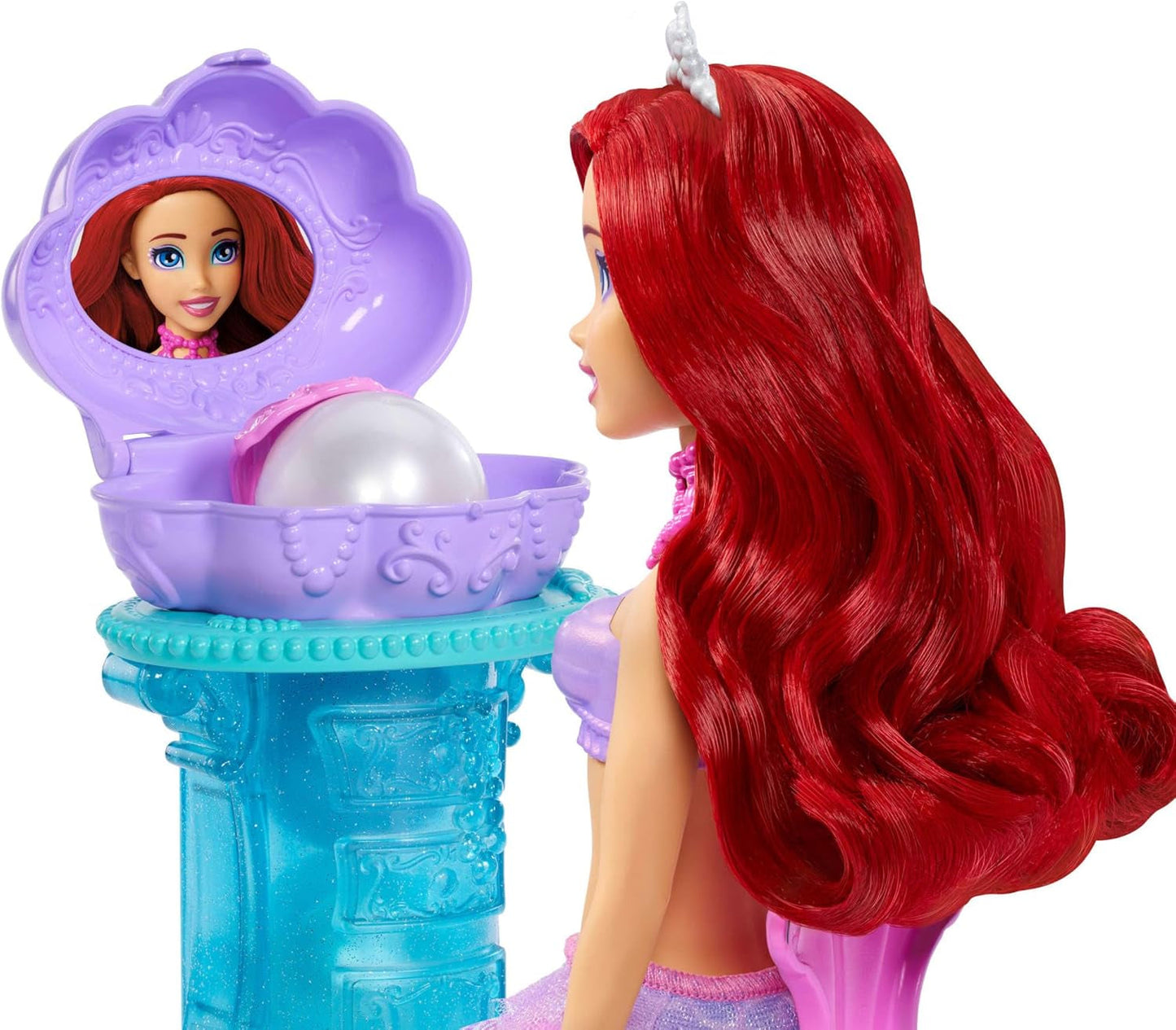 Mattel Disney Princess Toys, bambola alla moda sirena Ariel con pinna caudale staccabile, toletta con 5 sorprese pop-up ripetibili e 5 accessori, JBF86