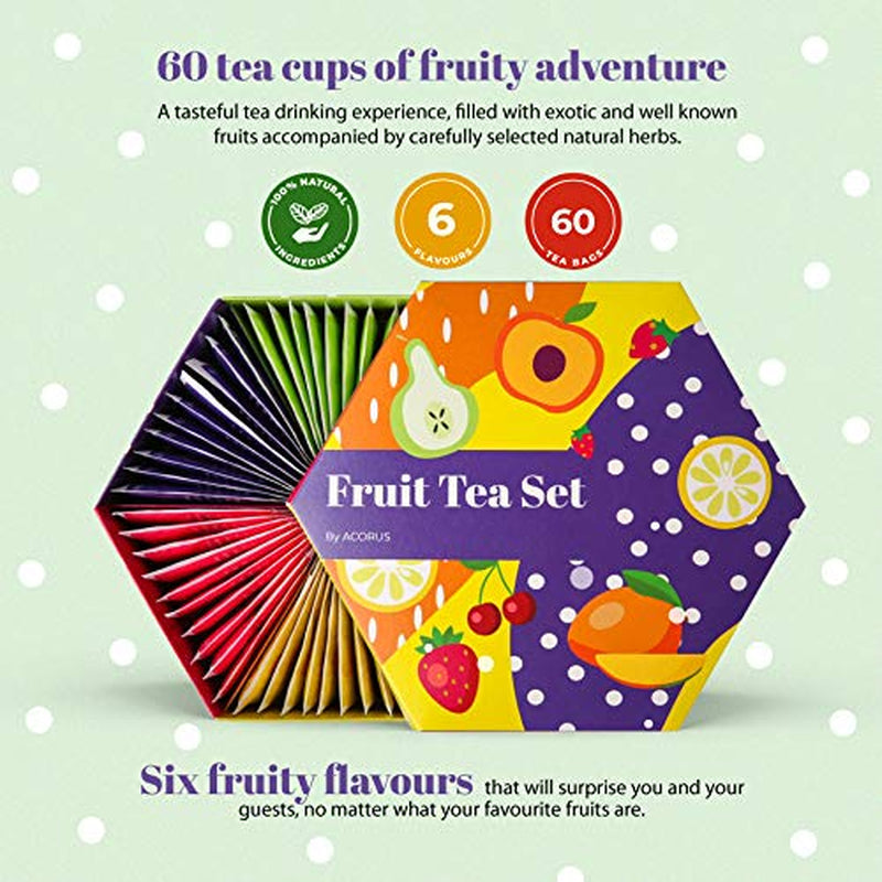 ACORO | Set da tè alla frutta di lusso | Set regalo con tè naturali in 6 gusti | Tisane, infusi alla frutta | Assortimento di tè | Scatola da tè con 60 bustine di tè