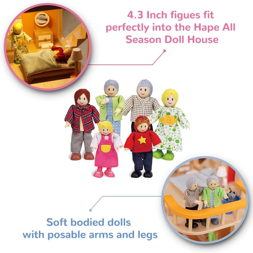Hape Doll Family Set famiglia di bambole pluripremiato Accessorio unico per casa delle bambole in legno Fantastico gioco con 6 membri della famiglia di bambole Naty Shop Dolls