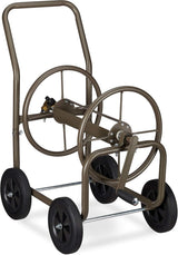 Carrello portatubo XL Relaxdays, avvolgitubo mobile, in metallo, per tubo da 60 m, 4 ruote, con manovella, rullo a 90°, marrone