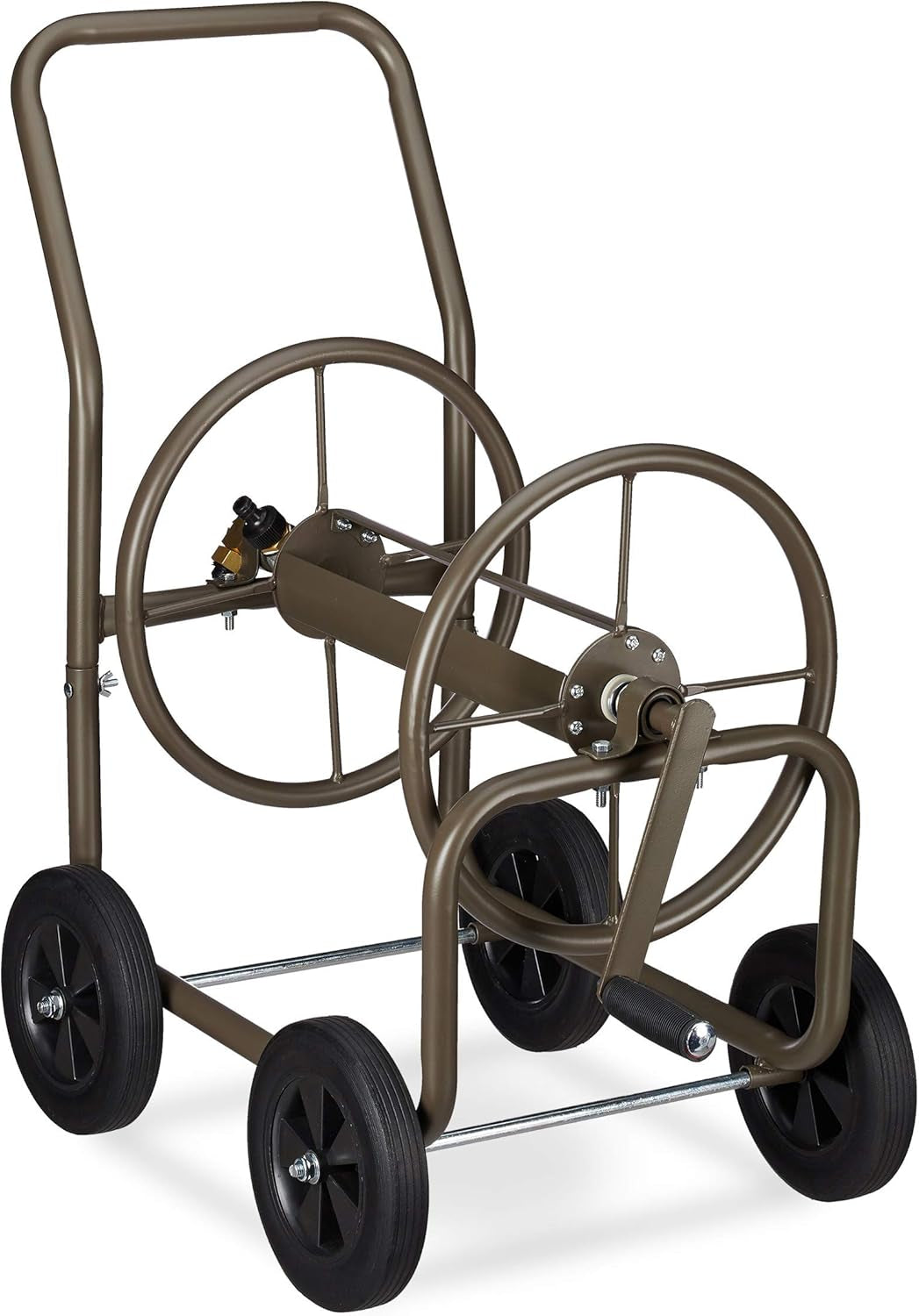 Carrello portatubo XL Relaxdays, avvolgitubo mobile, in metallo, per tubo da 60 m, 4 ruote, con manovella, rullo a 90°, marrone