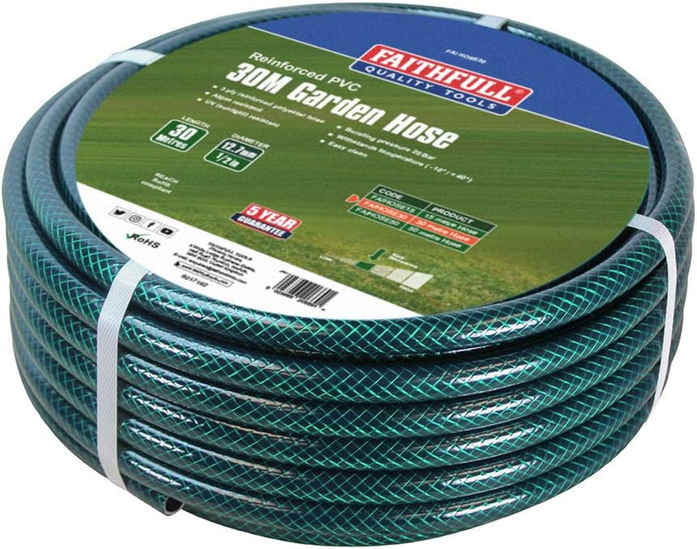 Tubo da giardino Faithfull da 50 m (164 piedi) rinforzato, diametro 12,7 mm (1/2 pollice) - Tubo in PVC resistente, verde