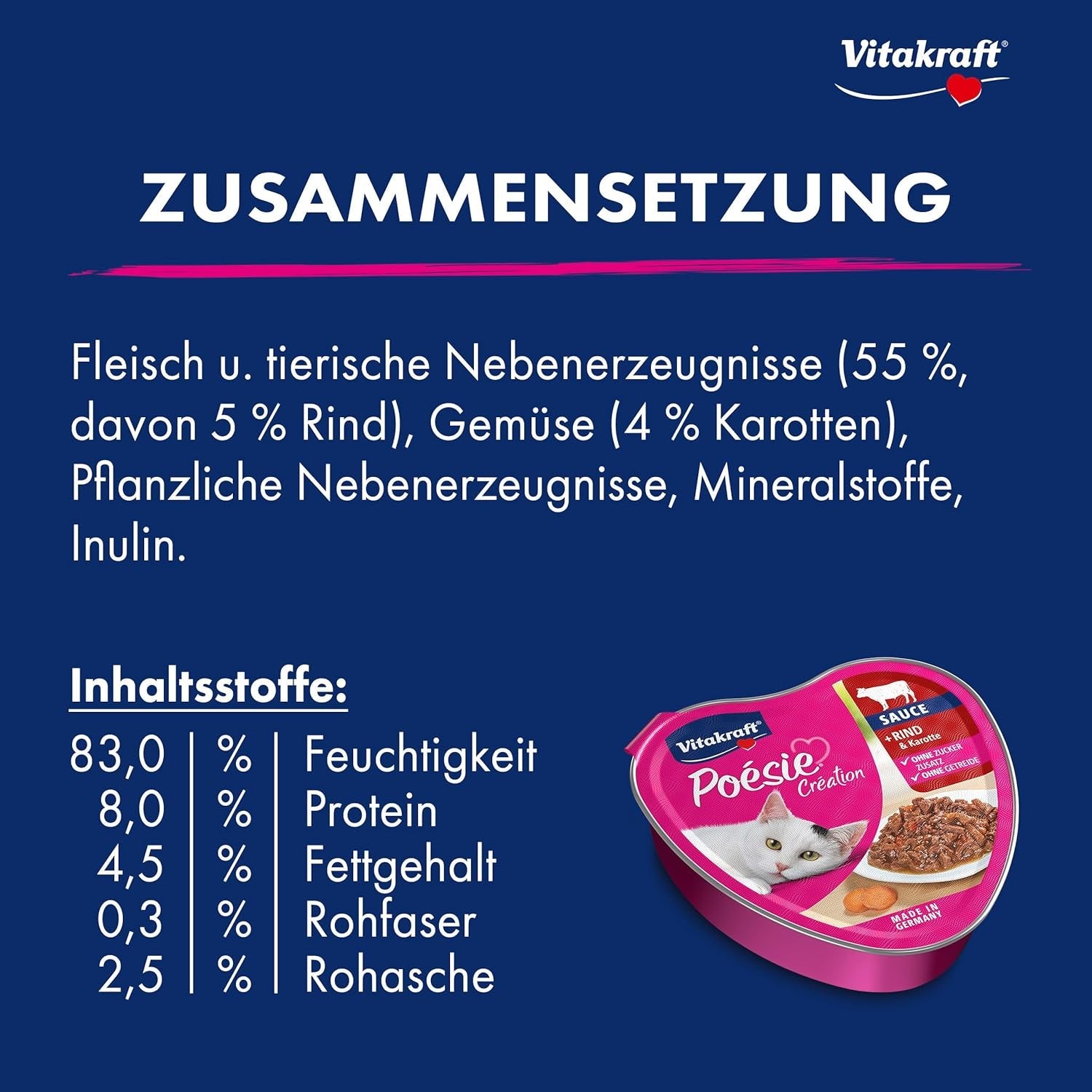 Vitakraft Poésie Création, cibo umido per gatti, cibo umido in salsa, con manzo e carota, confezione sfusa, senza zuccheri o cereali aggiunti (15 x 85 g)